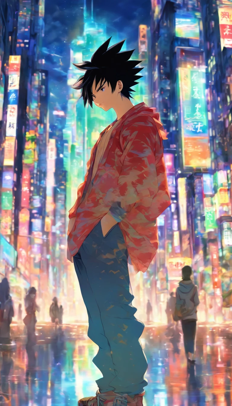 Megumi Fushiguro Young man standing on street corner, Facing a huge city, There is a hint of confusion and anxiety in his eyes, But in the next moment, He gathered these thoughts、Reveals a determined look. Towering skyscrapers and the bustling traffic of the city form the backdrop, Create a lively yet lively atmosphere.,32K, Best Quality, masutepiece, Super Detail, Details in period anime style