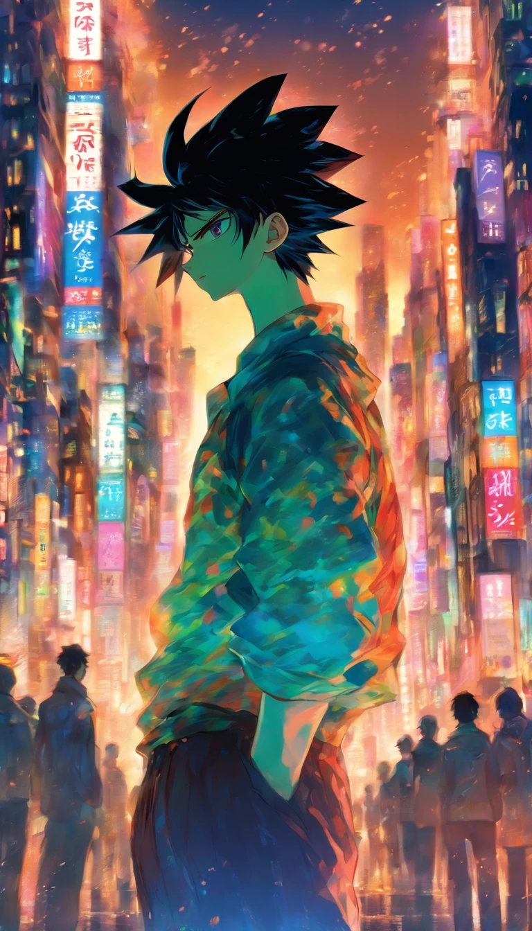 Megumi Fushiguro Young man standing on street corner, Facing a huge city, There is a hint of confusion and anxiety in his eyes, But in the next moment, He gathered these thoughts、Reveals a determined look. Towering skyscrapers and the bustling traffic of the city form the backdrop, Create a lively yet lively atmosphere.,32K, Best Quality, masutepiece, Super Detail, Details in period anime style