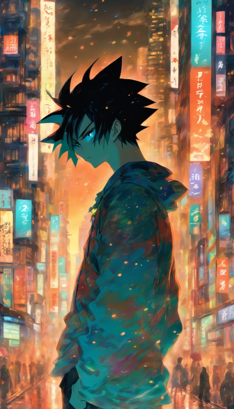Megumi Fushiguro Young man standing on street corner, Facing a huge city, There is a hint of confusion and anxiety in his eyes, But in the next moment, He gathered these thoughts、Reveals a determined look. Towering skyscrapers and the bustling traffic of the city form the backdrop, Create a lively yet lively atmosphere.,32K, Best Quality, masutepiece, Super Detail, Details in period anime style