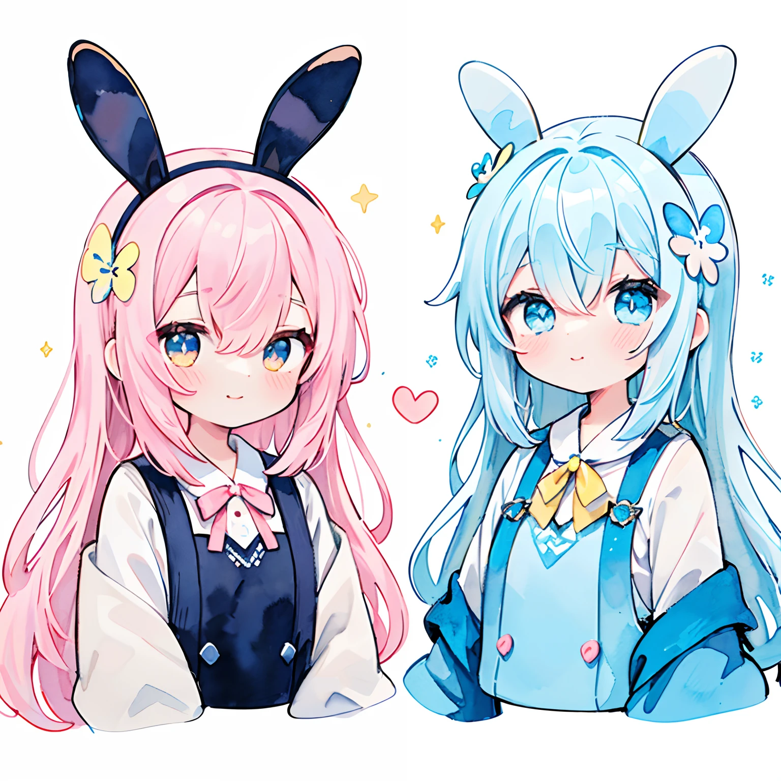 (PastelColors:1.5)、(Cute illustration:1.5)、(watercolor paiting:1.2)、(1girl in:1.0)、(lightblue hair:1.2)、hair between eye、White background、girl with、full body Esbian、Hareful、Rabbit Girl, Rabbit ears、Black knitted long sleeve clothing, Good Style、Blue pretz skirt、suspenders、Loved by animals、Glitter in the heart、White and light blue motifs, Light blue, Cute, Floral ornament on the head、butterflys、cute hair arrange, Smile, Upper body, Fantasy, Detailed picture、A slight smil、Very cute、adolable、Toyowa Toyowa、The upper part of the body