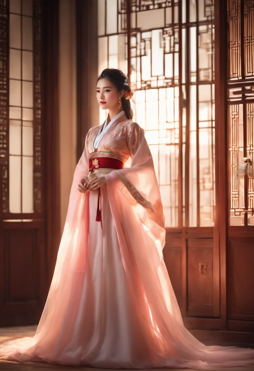 Excellent quality, masterpiece, high-res, 1girls, Blush, (Seductive smile: 0.8), Star Eye, Hanfu, China, Hair ornaments, necklace, jewelry, beauty, upon_body, Tyndall effect, Realism, Shadow (Shadow Room), Edge Light, Two-tone lighting, (high detail skin: 1.2), 8k UHD, SLR, Soft light, High Quality, Light quantity, candid photo, high-res, 10, 10, Background blur, tulle light,