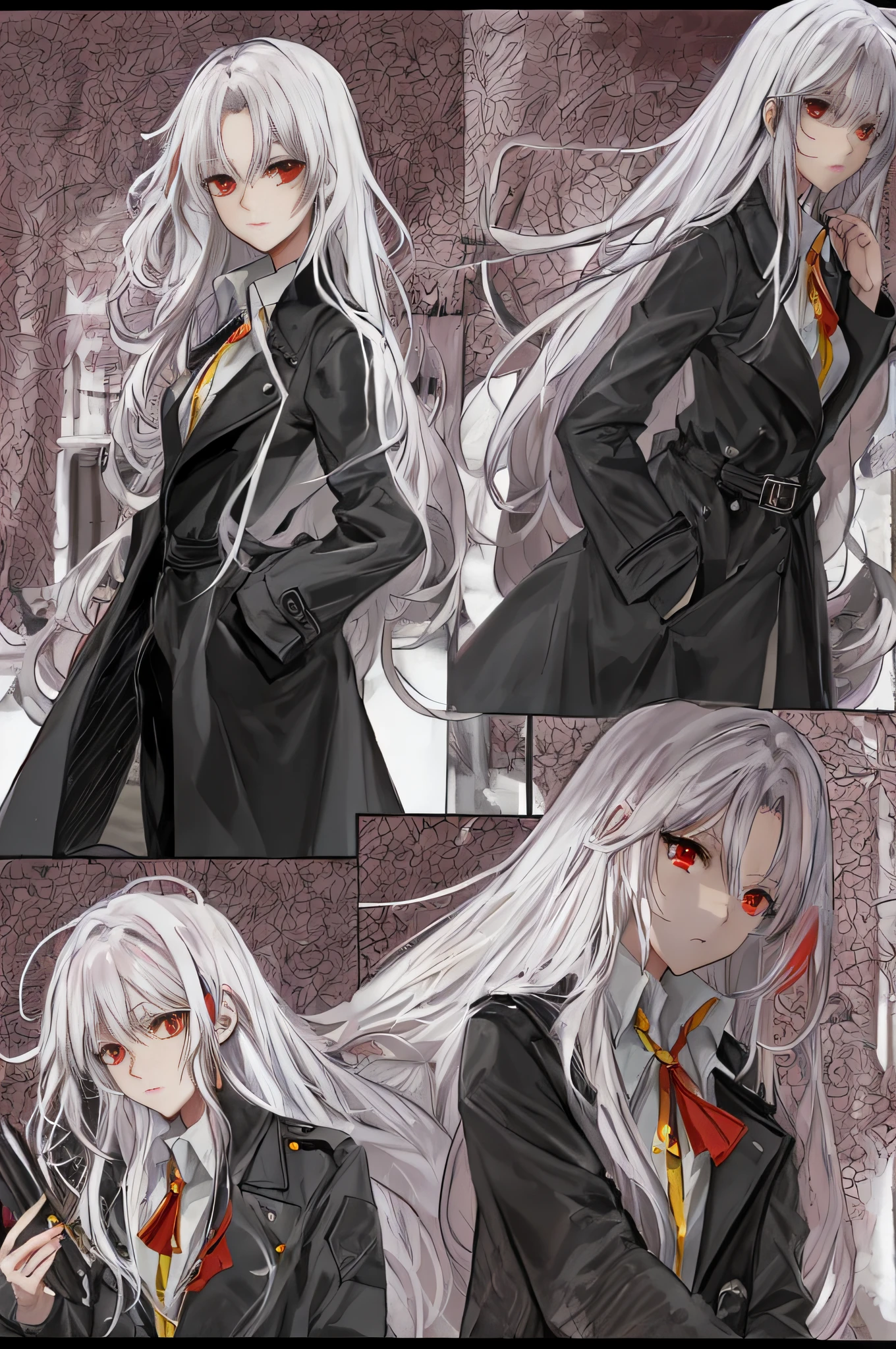 Black Phoenix，Anime shoujo，（（（solo person））），Skinny gel coat，Long black trench coat，Messy white hair，with a red eyes，Slightly helpless，amaryllis