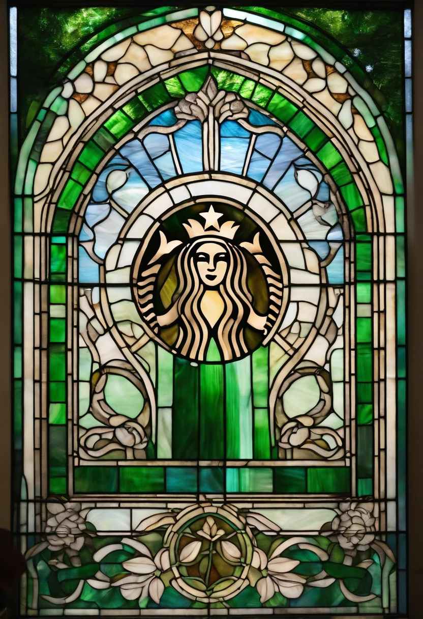 It features a stained glass Starbucks pattern that includes the iconic Starbucks logo and green and white colors inspired by the brand. The shape of the mat is rectangular、With frame、Width 120cm、Height is 40 cm.。Stained glass design