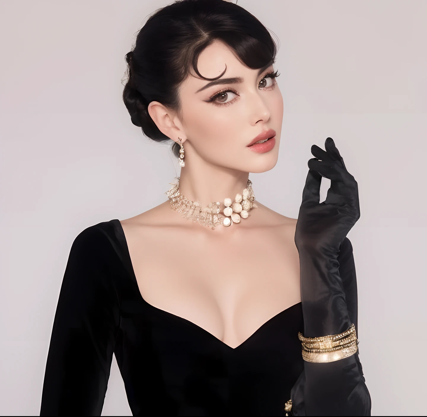 um close up de uma mulher usando um vestido preto e luvas, Parece Audrey Hepburn, Young Arab Monica Bellucci, arab young monica belluci, photo of a hand jewellery model, dilraba dilmurat, inspirado em Galeno Dara, julia sarda, luvas pretas, Directed by: Gavin Hamilton, madonna genderbend elegante, Directed by: Emma Andijewska