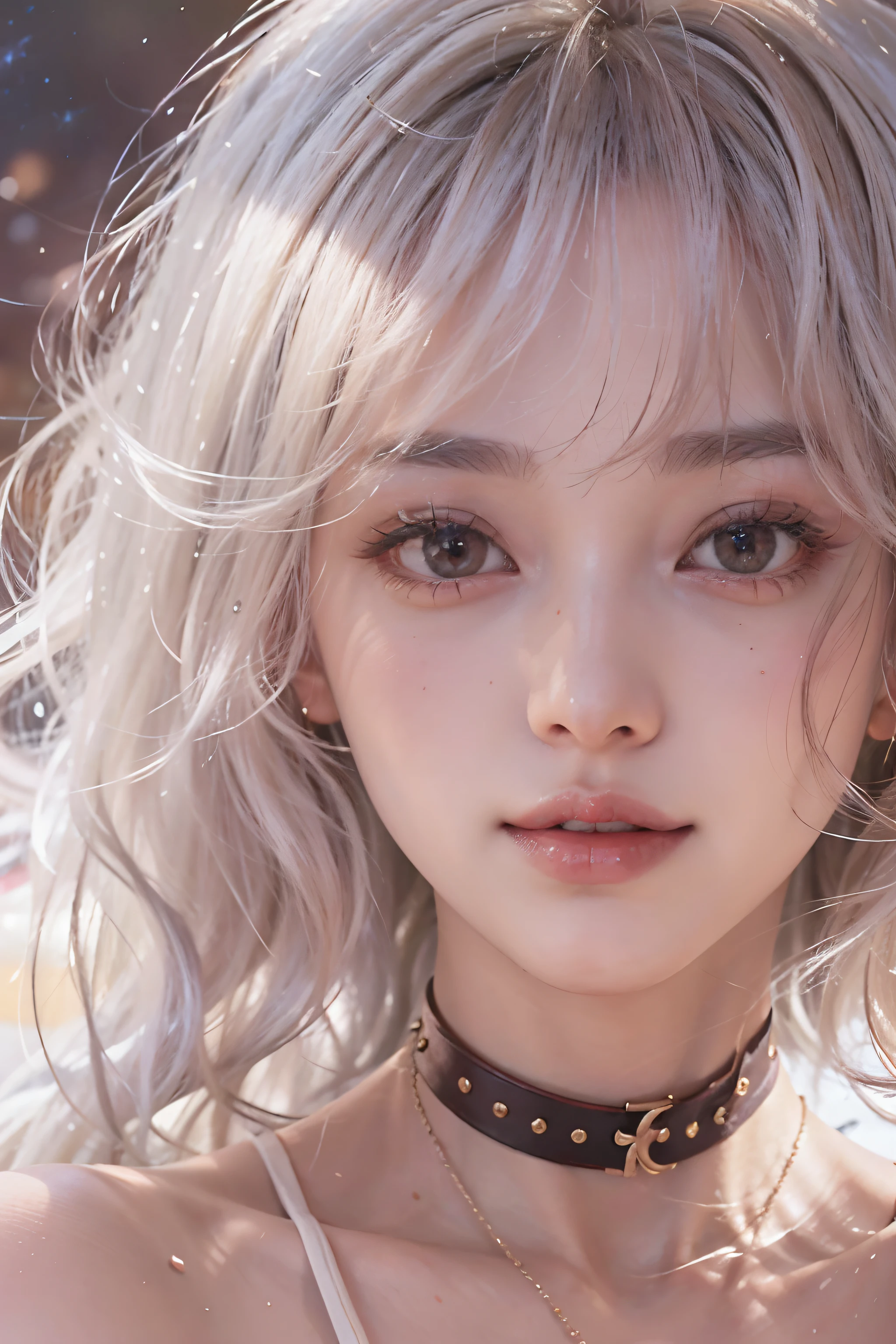 ((upper bod))、 (Photoreal Stick:1.2)、8K UHD、hight resolution、(1girl in)、in her 20s、(looking at view)、(white hair), (Medium Hair)、(Pattsun bangs)、((The best smile))、(High quality shadows)、Detail Beautiful delicate face、Detail Beautiful delicate eyes、Pretty Kpop Girl、(Korean Urzan Face)、(ulzzang -6500-v1.1:0.6)、pureerosface_v1、gloweyes、perfectbody、 Incredible dynamic range photography(UTIL_Art by Smoose-768:1.1)、teak、Bright red lipstick、Glossy lips、(a choker)、((Brown eyes))、((Beautiful Finger))、 Shiny hair、Description beautiful delicate hair、(Lustrous skin)、(White dress)、(((beautiful milky way)))、