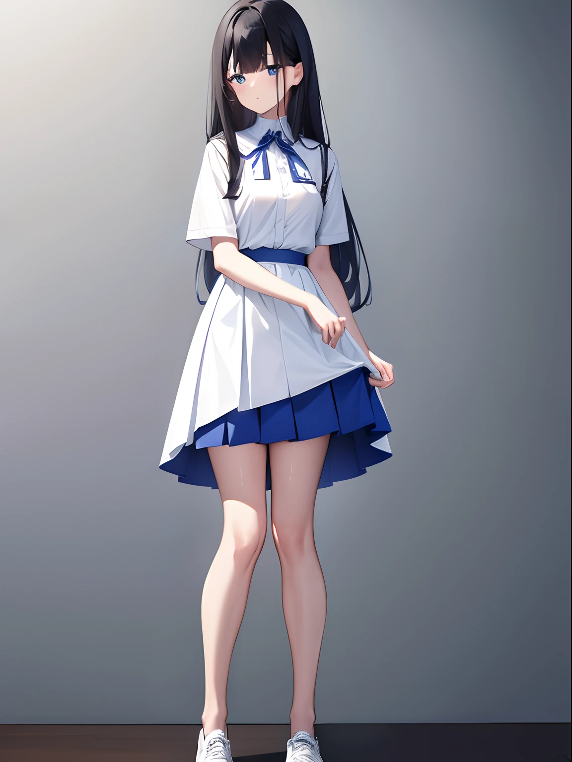 1 girl, plain white background, girl wearing white shirt, girl wearing skirt, skirt is royal blue, skirt covers knees, girl wearing closed toe shoes, long hair, black hair, neutral facial expression, standing straight up, feet slightly apart, knees slightly bent, arms hanging to the side naturally, hands open, light tan skin, absurdres, high res, ultrasharp, 8K, masterpiece