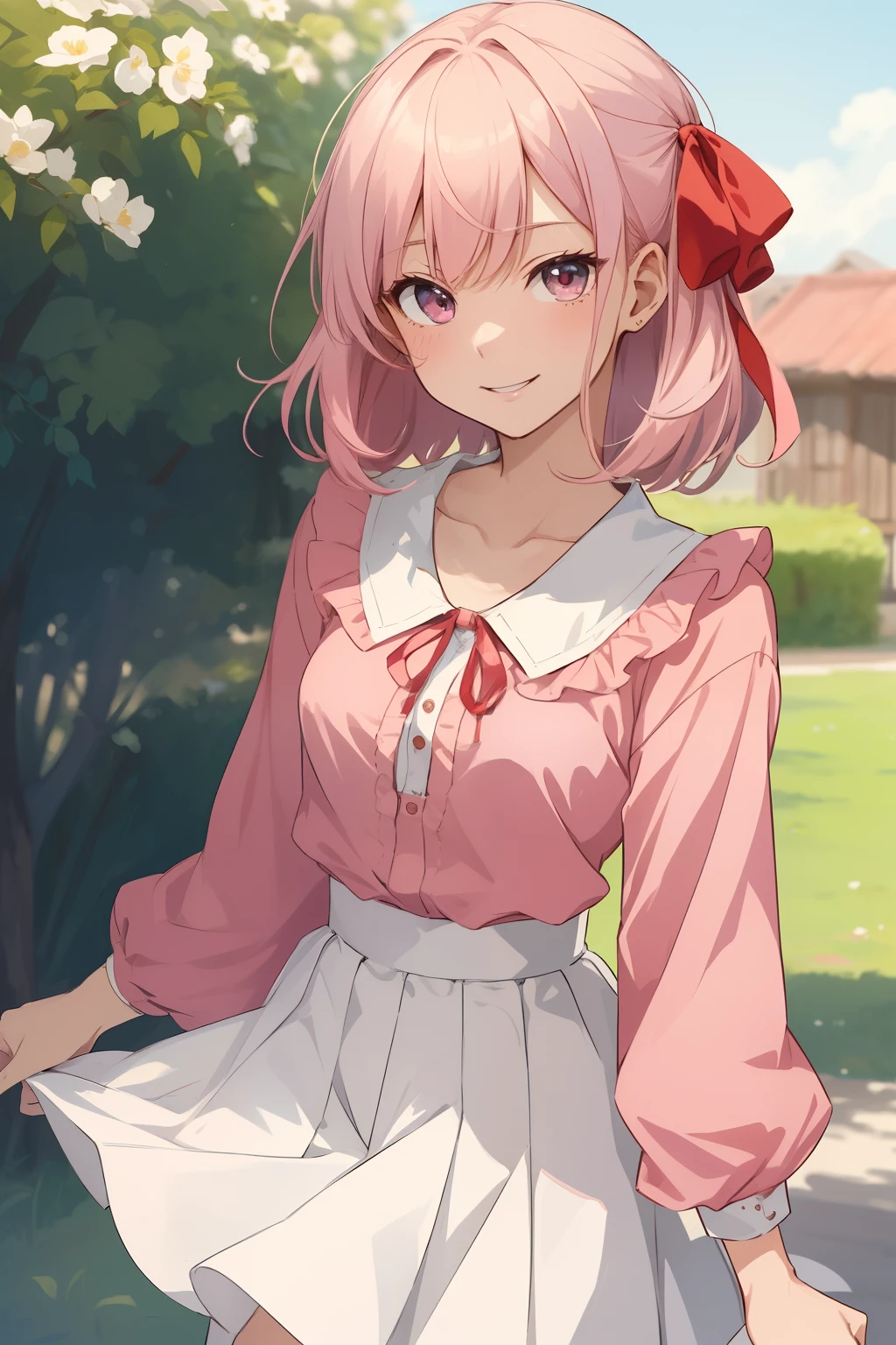 2d, masterpiece, best quality, anime, highly detailed, 1girl, solo, cowboy shot, chizuru, pink shirt, frilled shirt, white skirt, white collar, red ribbon, neck ribbon, collarbone, outdoors, smile