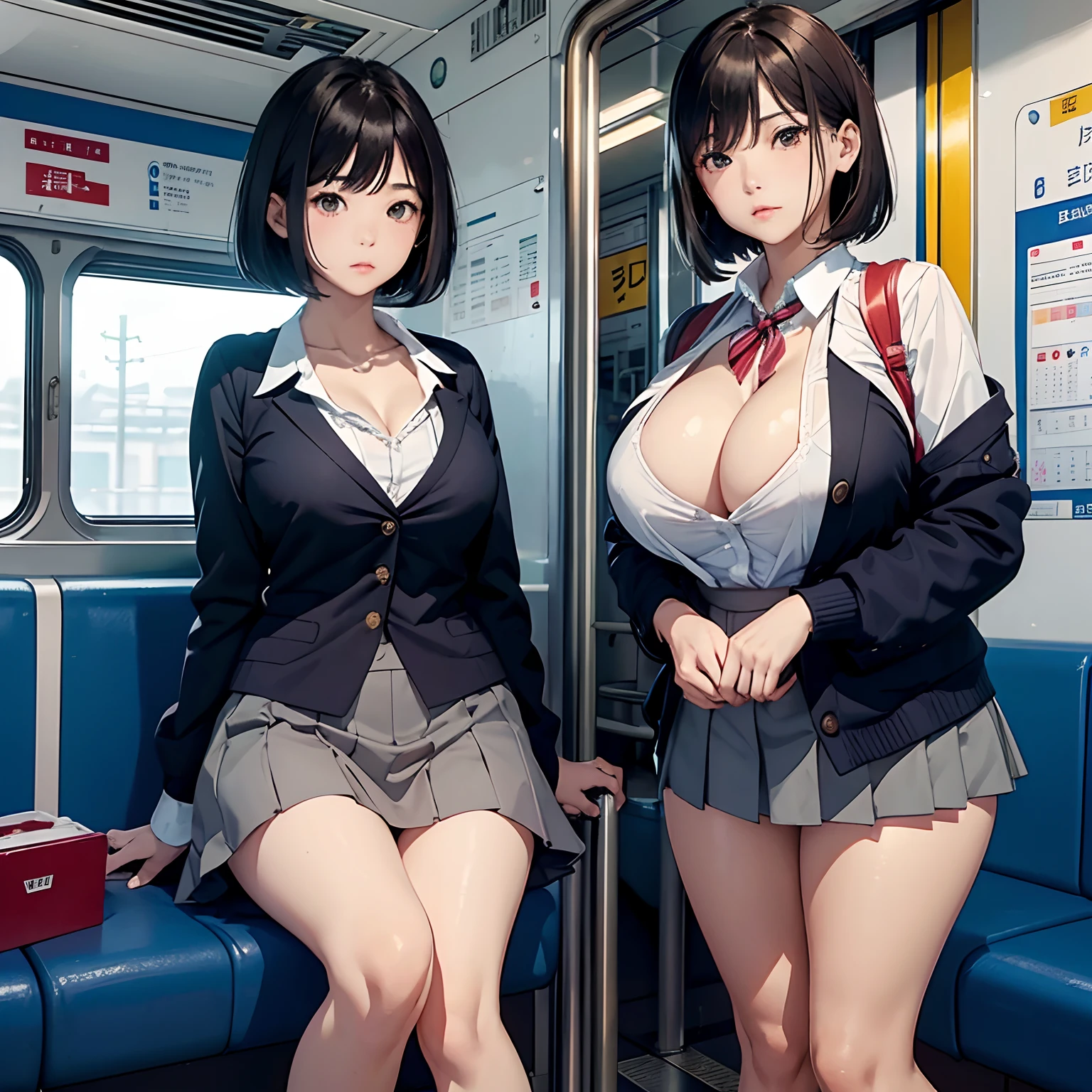 One Japan Women、(masterpiece:1.4)、(in 8K、realisitic、Raw photo、top-quality:1.4)、(Real Face:1.3)、(real looking skin:1.1)、超A high resolution、beautiful finely detailed eyes、A dark-haired、bob cuts、Brown eyes、Embarrassed look、Frustrated face、Blushing、high detailing、(huge-breasted:1.4)、cleavage of the breast、High school students、Only a white bra on the upper body、a short skirt、小柄、skinny thigh、is standing、On the train