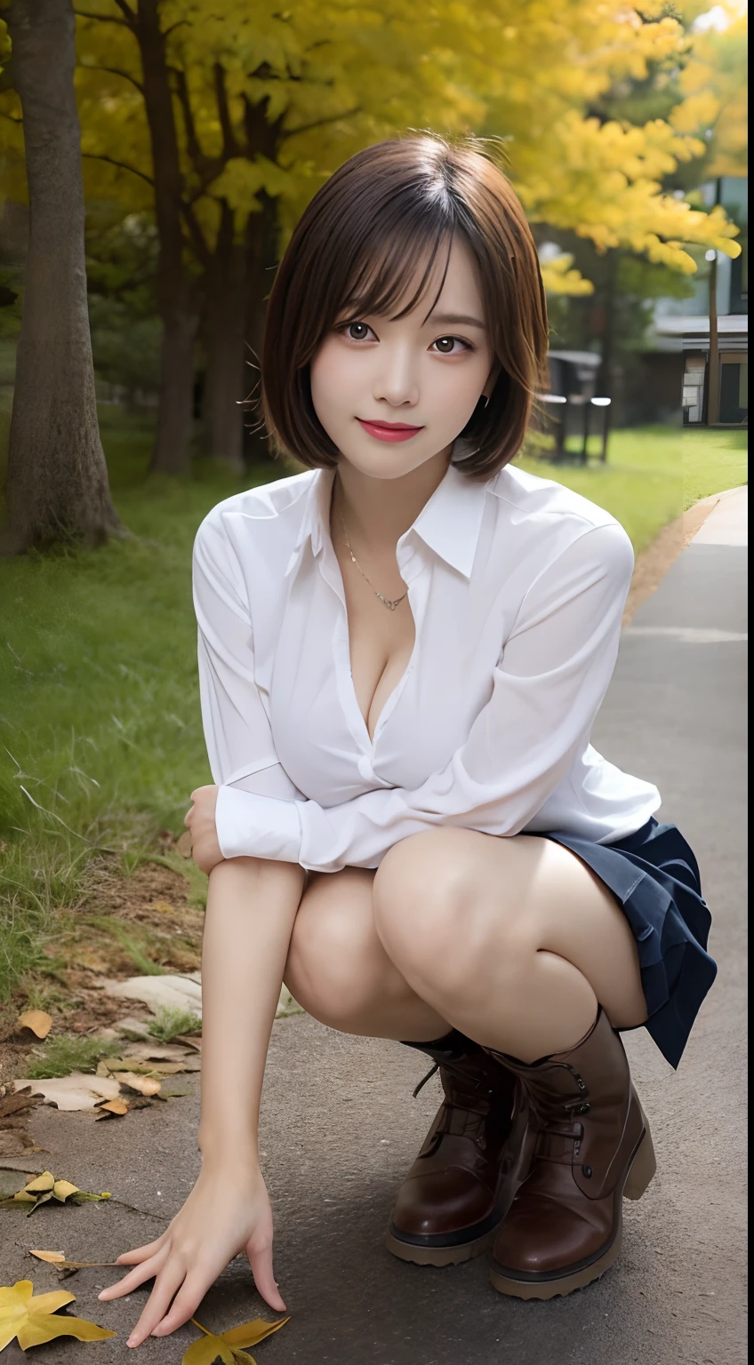masutepiece, Best Quality, Illustration, Ultra-detailed, finely detail, hight resolution, 8K Wallpaper, Perfect dynamic composition, Beautiful detailed eyes, Women's Fashion Autumn, Off Holder White Shirt, Mini skirt, long boots, Very short bob hair, Mature woman with huge drooping long huge breasts on battlefield, cleavage of the breast, Natural Color Lip, Bold sexy poses,Smile,Harajuku、20 years girl、Cute、Sexy shot looking at camera