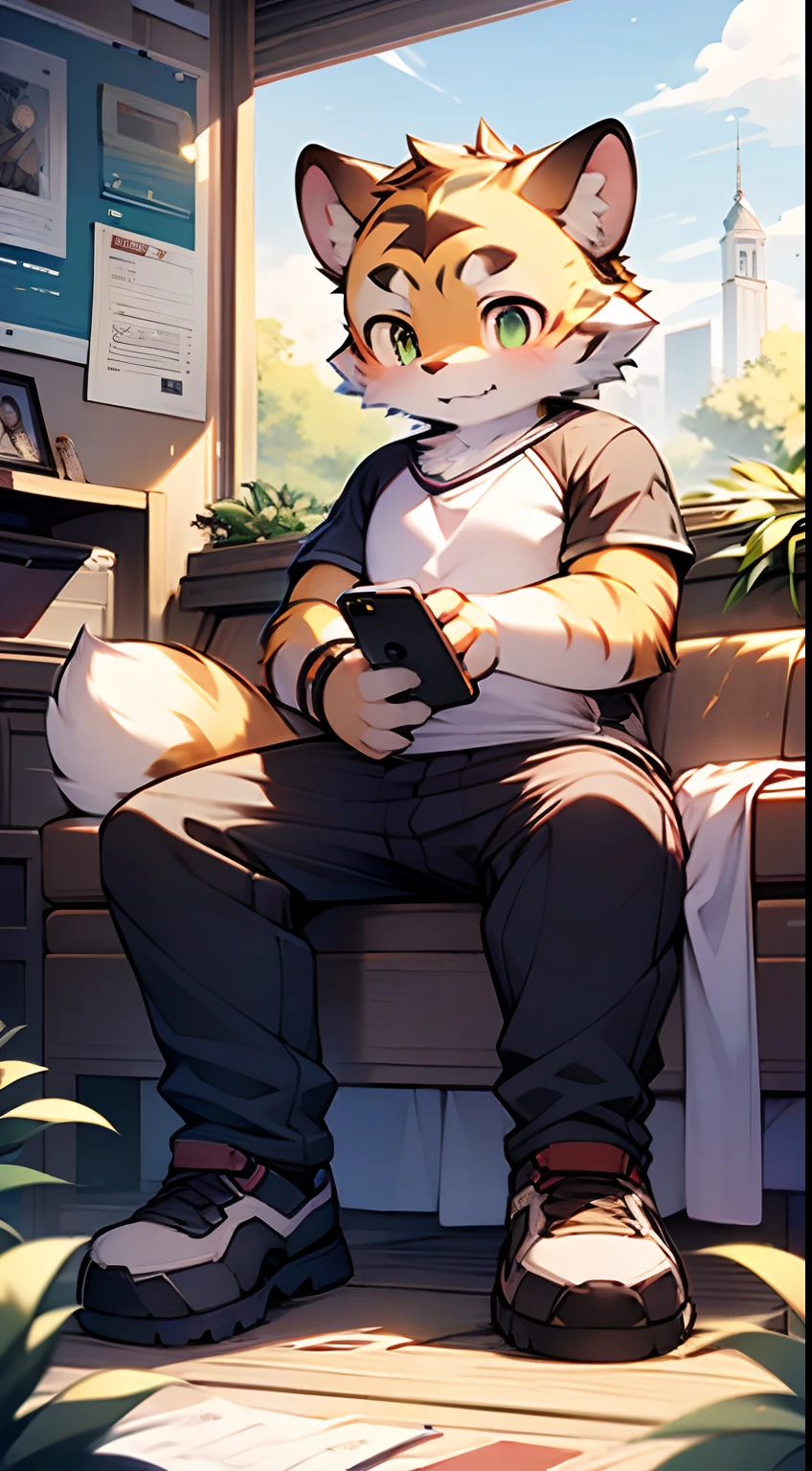 Masterpiece, Best quality, Perfect anatomy, author:K0bit0wani, author:Milk Tiger 1145, (author:Dex:0.3), Furry, coyote, Solo, Male, baggy pants, Eau, Abs, legs separated, Small raised, Slightly chubby figure,(Shirtless:1.5), Golden pupils, Hold a mobile phone, Detailed background, music sheets, Leaning back, Butterfly, Grass,Shota,Libido boy
