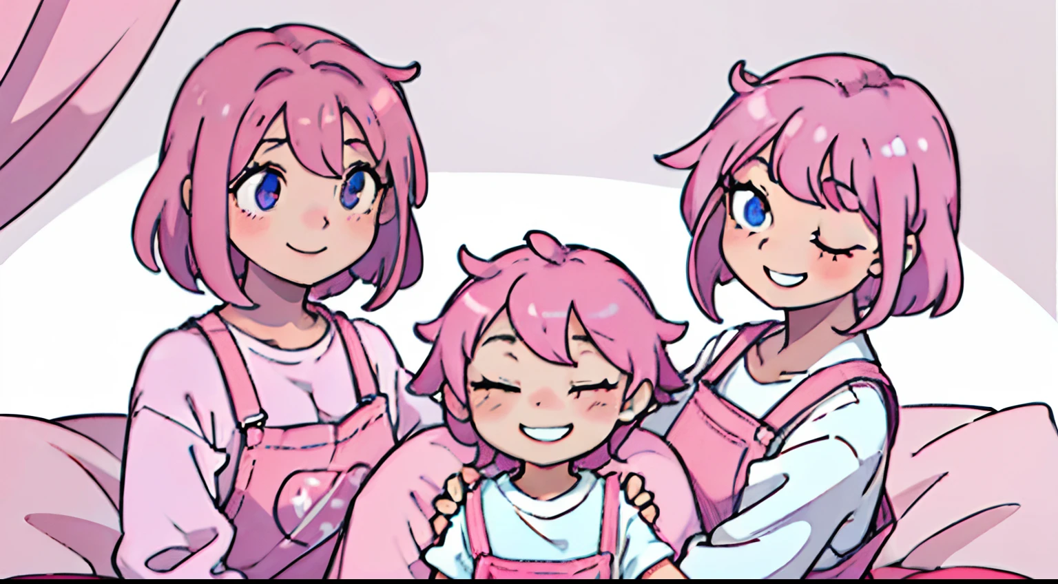 Anime girl with a smile and short pink messy hair, wearing a white shirt and a pink onesie, with her eyes closed and laying on top of her mom, who's eyes are open and who also has a smile and has long smooth pink hair, and is wearing a white shirt and red overalls, sitting on her bed