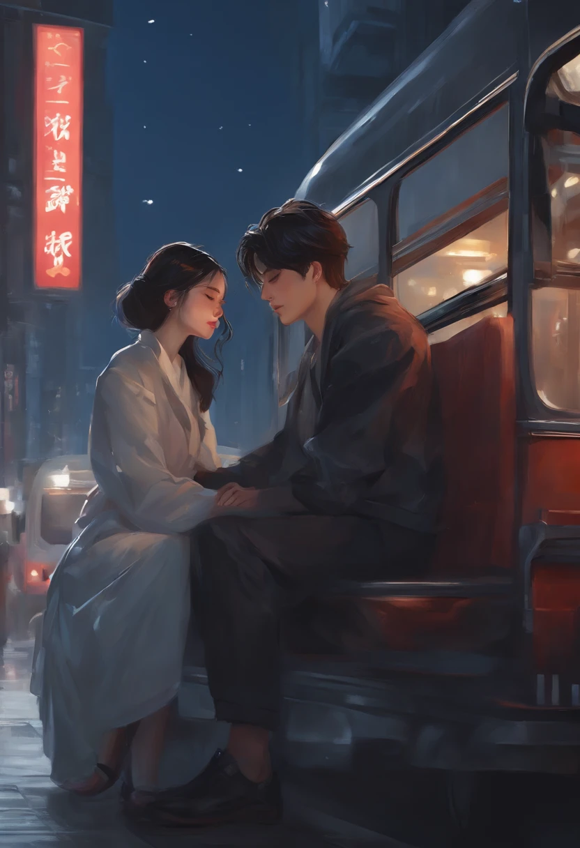 Anime couple ride on bus together in the city, by Lü Ji, WLOP Painting Style, art of wlop, by WLOP, by Di Tang, Urban Fantasy Romance Book Cover, wlop art, By An Zhengwen, CG Society 9, by Li Di, By Yao Tingmei, Artgerm and Ilya Kushinov, Sleep with Love