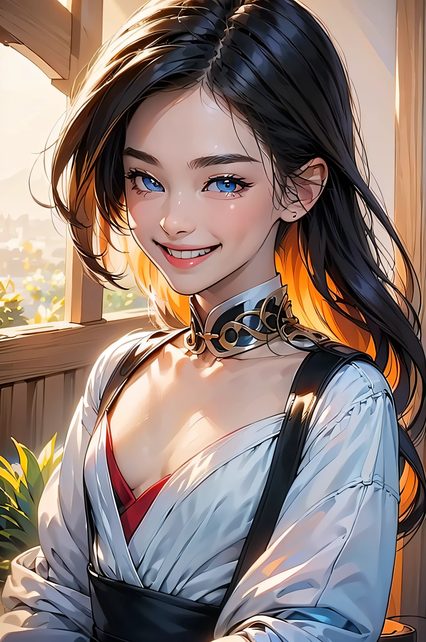 (in 8K、top-quality、masterpiece:1.2)、1人の女性、(Smiling smile:1.1)、beautidful eyes、Valley、The upper part of the body、length hair、Like a boy、small tits、red view、