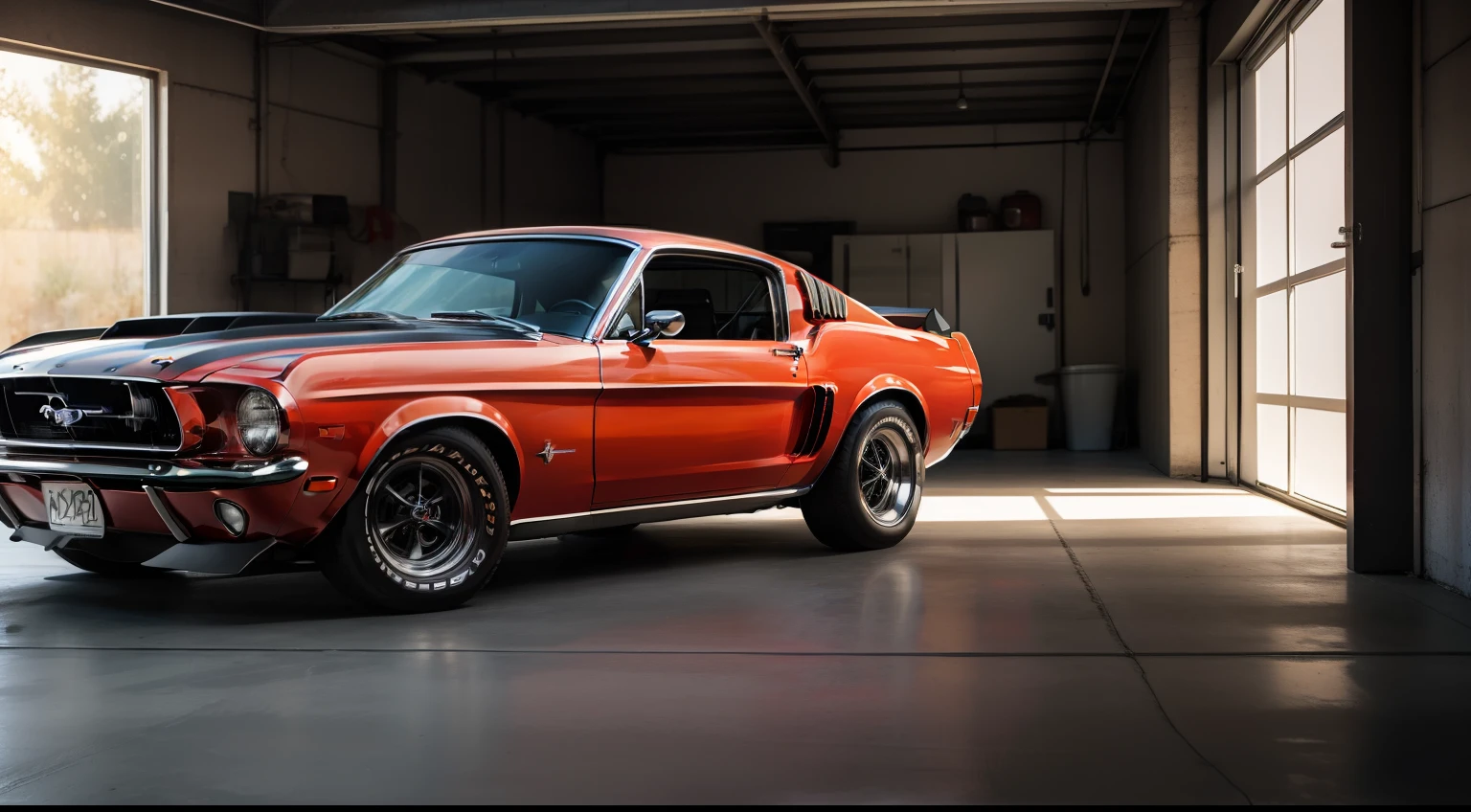 Retro Ford Mustang in garage, warm light, focus object, ultra high resolution