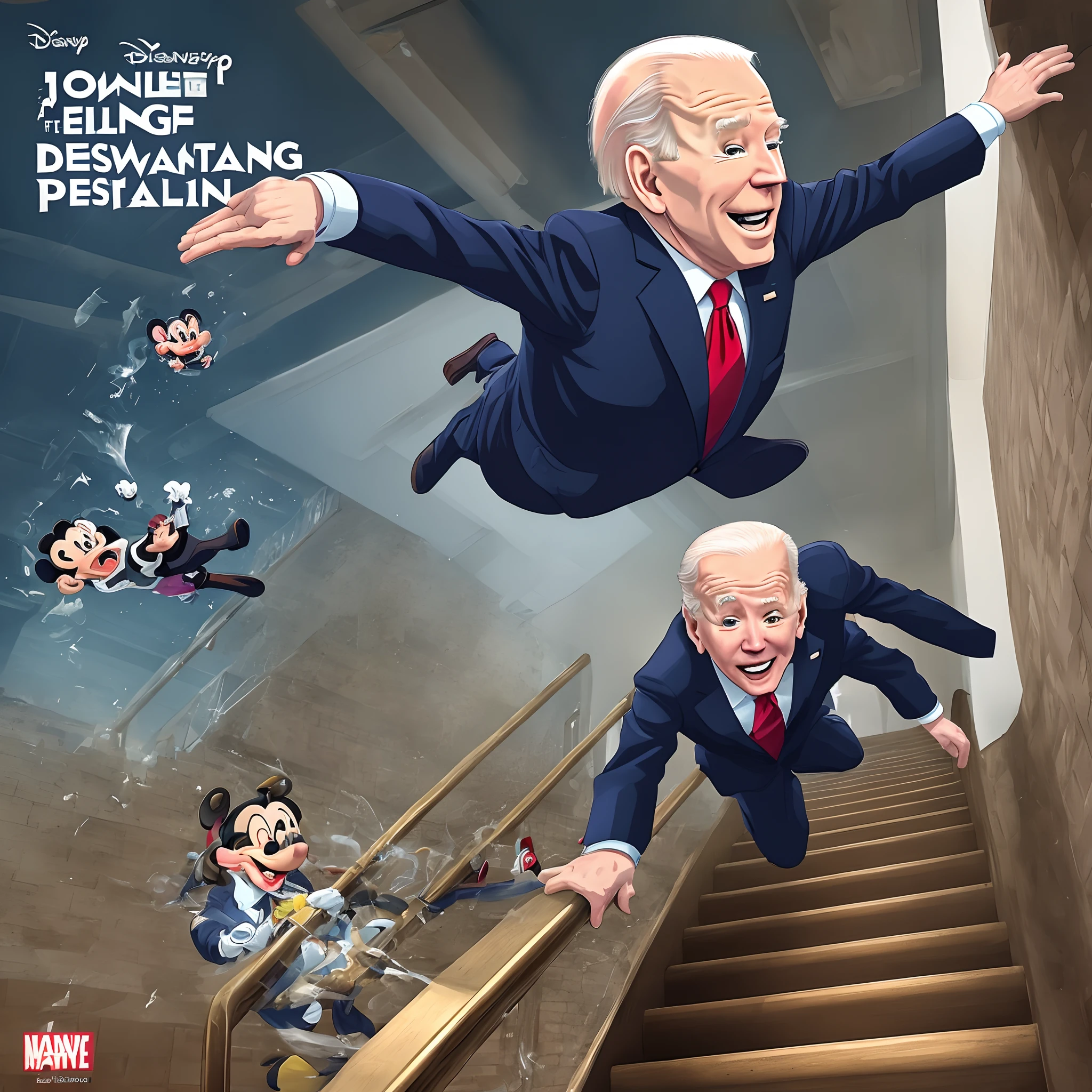 Generate a Disney poster for the president Joe Biden falling down a flight of stairs