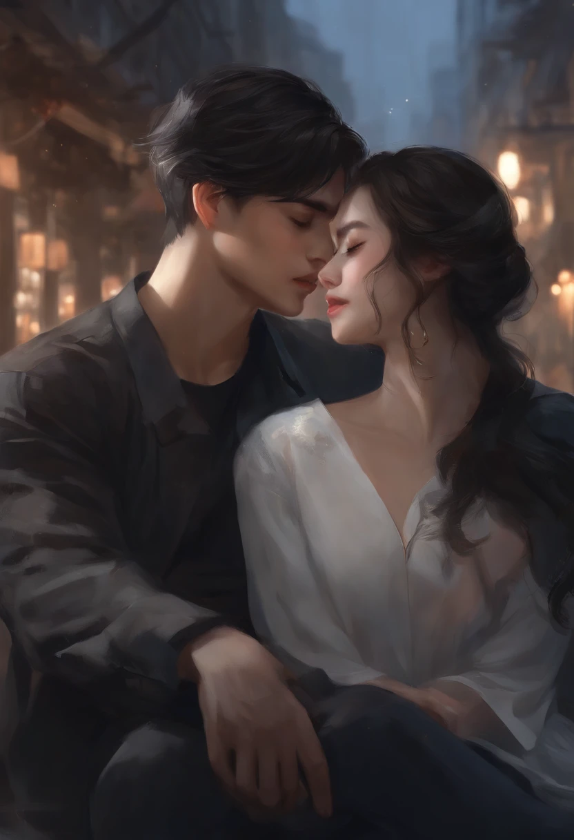 Anime couple sitting together in the city, by Lü Ji, WLOP Painting Style, art of wlop, by WLOP, by Di Tang, Urban Fantasy Romance Book Cover, wlop art, By An Zhengwen, CG Social 9, by Li Di, By Yao Tingmei, Artgerm and Ilya Kushinov, Sleep with Love