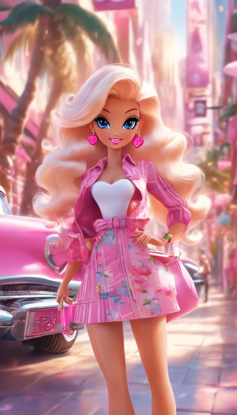 Create another scene with the same style, Barbie is now outside the perfume shop., Now she's carrying a perfume store bag., She's getting in the car., Her car is a cruiser C1., Pink & White, Corvette C1, She wore a pink and white plaid dress.,The background shows 80 cities., There are many palm trees and pink flowers..