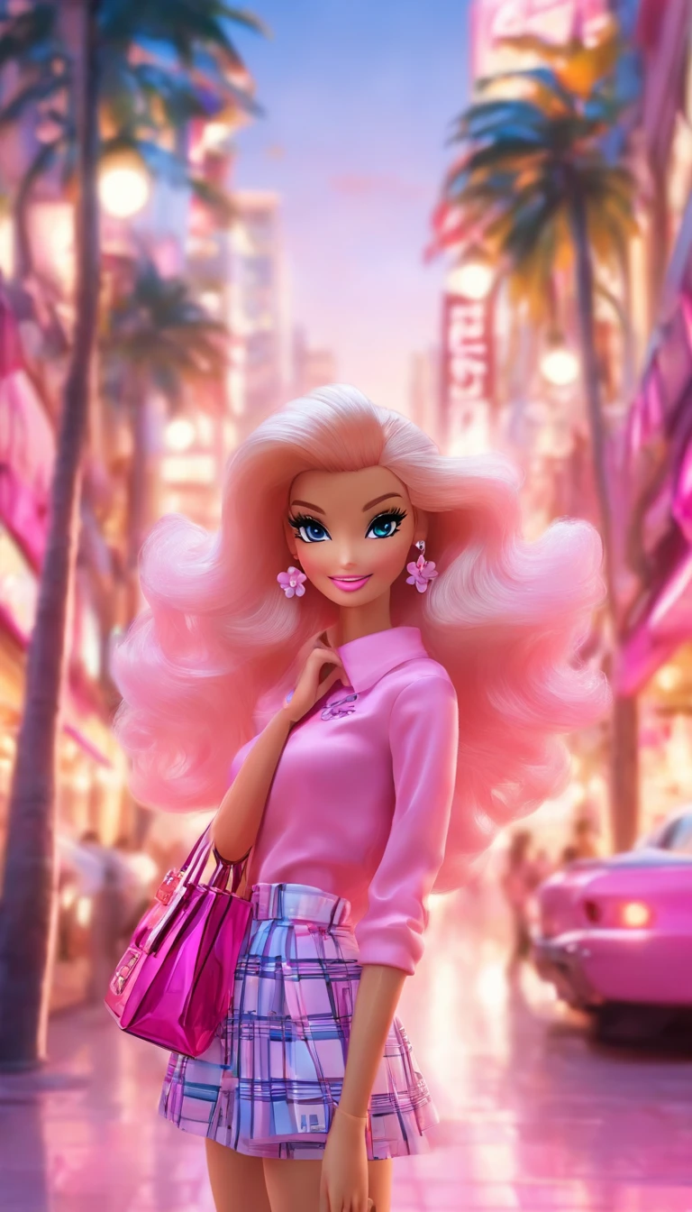 Create another scene with the same style, Barbie is now outside the perfume shop., Now she's carrying a perfume store bag., She's getting in the car., Her car is a cruiser C1., Pink & White, Corvette C1, She wore a pink and white plaid dress.，The background shows 80 cities., There are many palm trees and pink flowers..