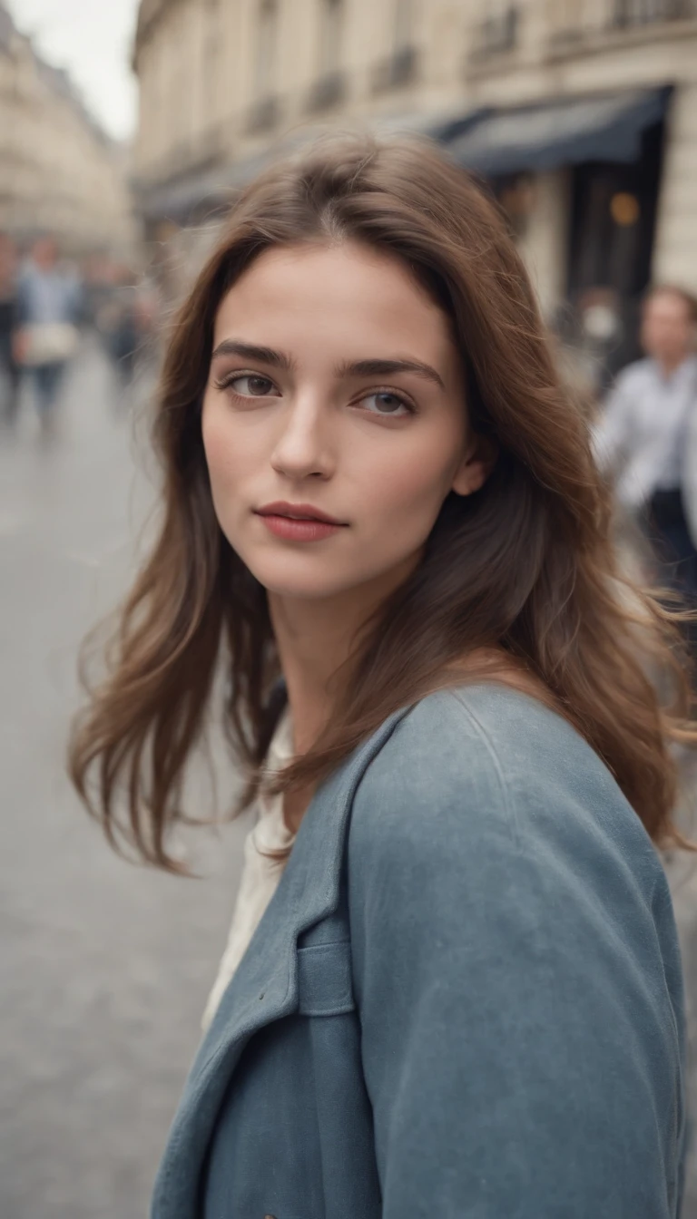 French cute girl, youthful, Paris street ,1980's,White smoke,Full of movement ,hasselblatt,National Geographic photo,Semi-body shot, high-quality photo