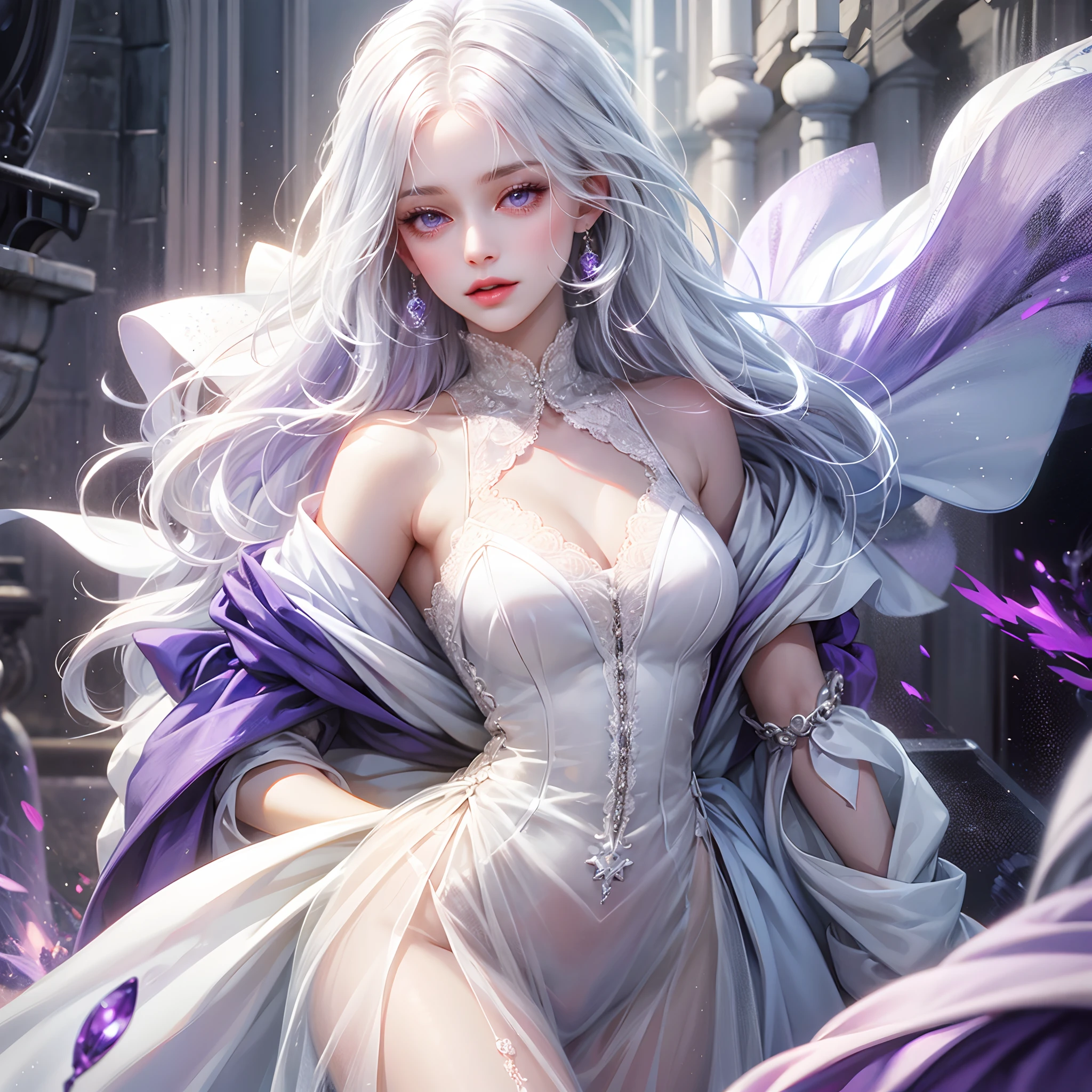 a women, white hair, purple eyes, white dress