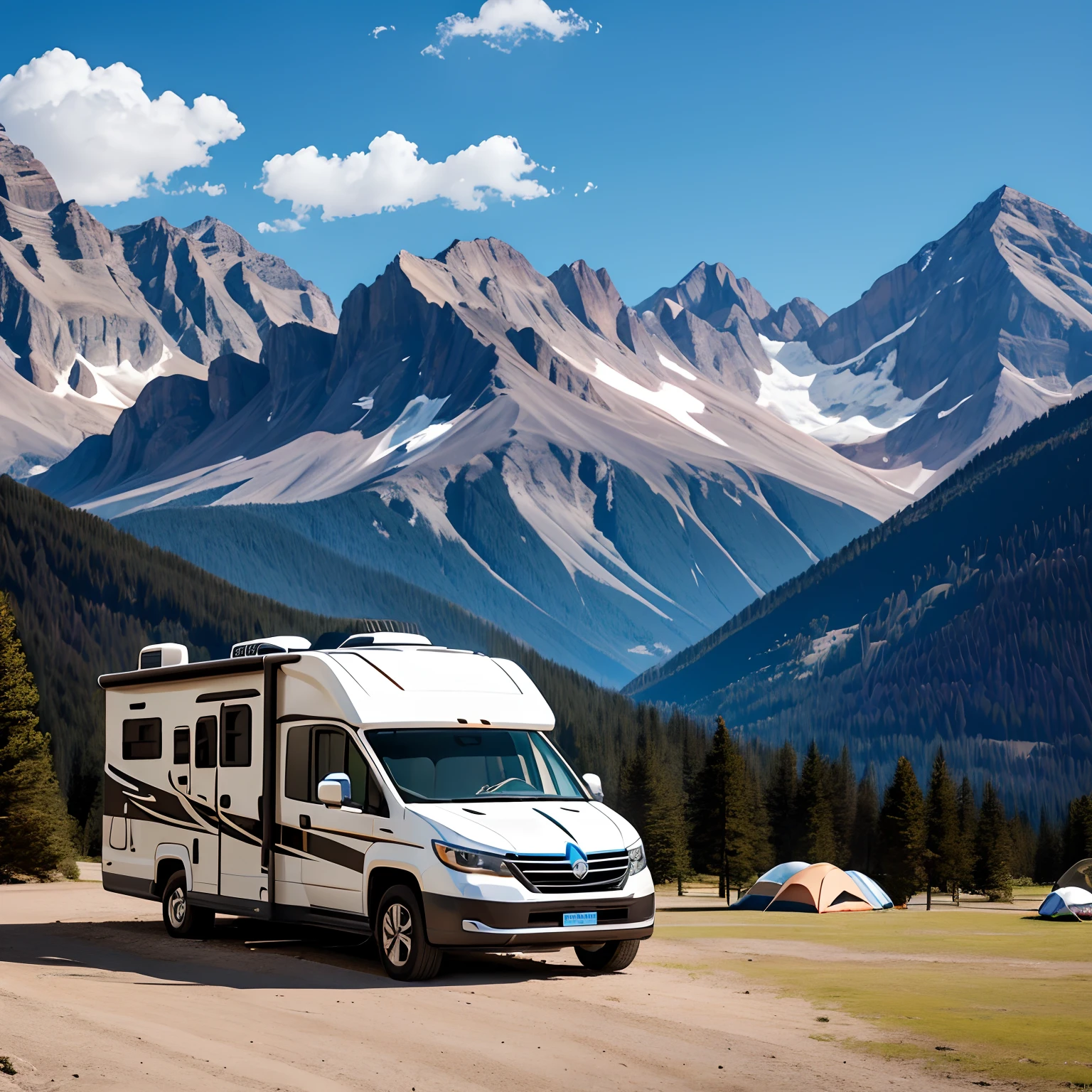 Camping in an RV,Alpine background,Great outdoor activities,Close-up shot,