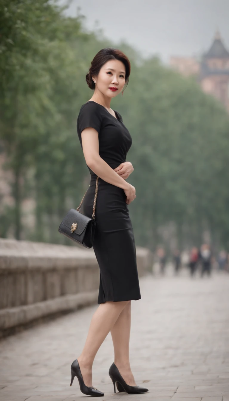 whole body display，A 45-year-old Chinese woman，black heels，a skirt