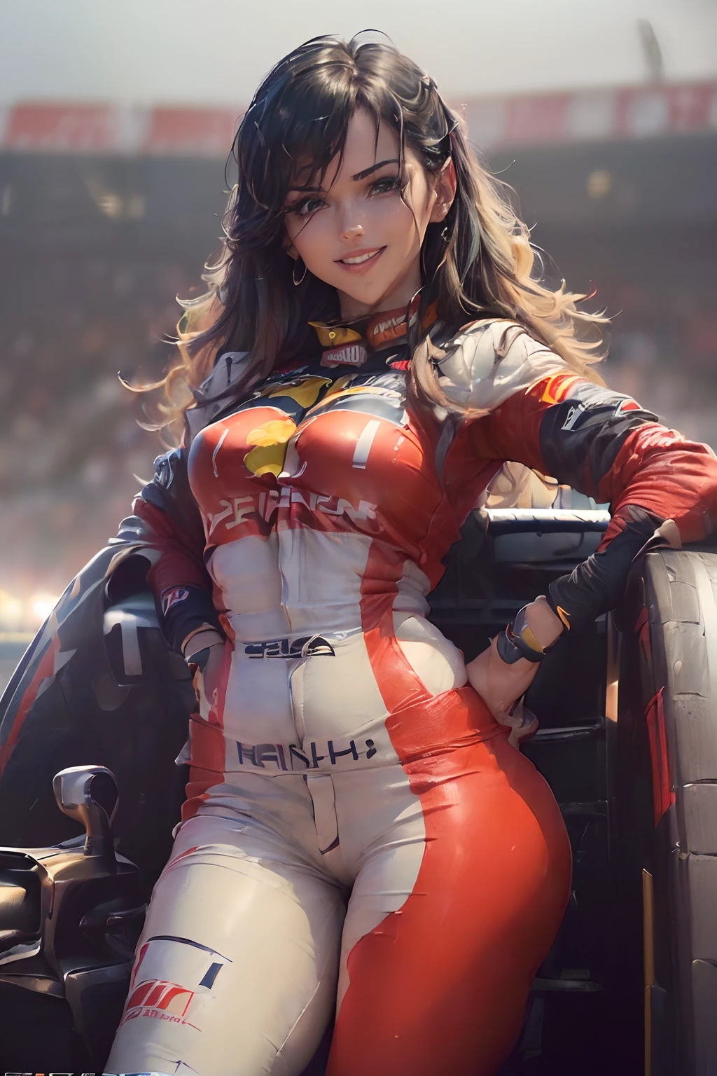 ((cuerpo completo):2) (({only one Women}:1.2):{((Dressed in red Formula 1 racer suit)1.2), ((Cabello largo y azul hasta los hombros, Brillantes ojos verdes) 1.3), ((Making an erotic pose in a Formula 1 car, Mirando al espectador, sonriente):1.3), ((senos extremadamente grandes):1.2)}, \n (({Hipodromia of Formula 1 racing, es de noche, lloviendo intensamente, Several people are in the stands}):1.3), anime, Anime style, 16k, ((La mejor calidad, Detalles altos):1.4), Obra maestra, UHD