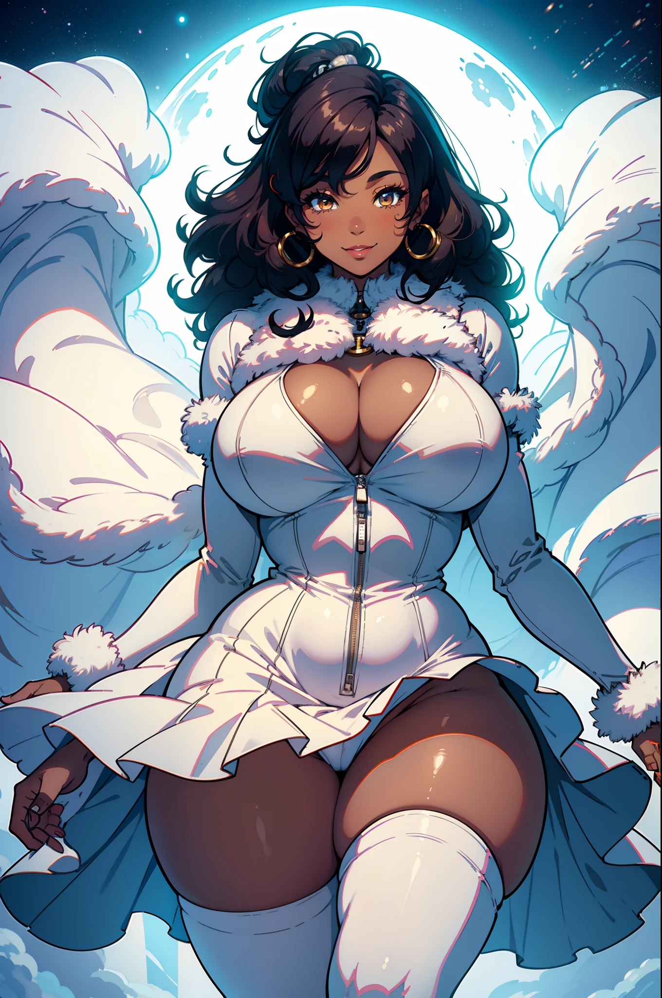 Best quality, solo mature woman, giant breasts, giant ass, very curvy, dark skin, dyed long bouncy curly hair, white eyes, full lips, seductive, smiling, furry puffer jacket, fluffy mini skirt, white stockings, thick thighs, curvy physique