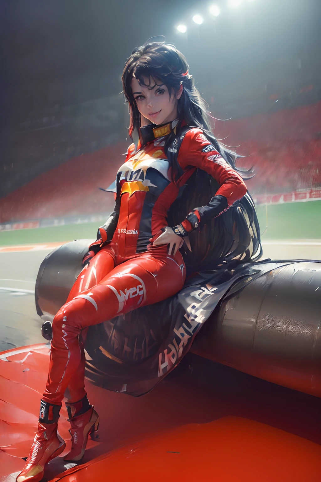((cuerpo completo):2) (({only one Women}:1.2):{((Dressed in red Formula 1 racer suit)1.2), ((Cabello largo y azul hasta los hombros, Brillantes ojos verdes) 1.3), ((Making an erotic pose in a Formula 1 car, Mirando al espectador, sonriente):1.3), ((senos extremadamente grandes):1.2)}, \n (({Hipodromia of Formula 1 racing, es de noche, lloviendo intensamente, Several people are in the stands}):1.3), anime, Anime style, 16k, ((La mejor calidad, Detalles altos):1.4), Obra maestra, UHD