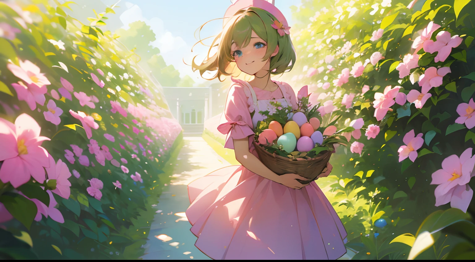 ((​masterpiece:1.4、top-quality)) 、(18 year old woman enjoying Easter in flower garden garden、Wearing pink clothes、holding a basket with eggs、There are rabbits、The sun is shining on your face、squinting、18 year old woman in pink dress、cute little、Smiling and looking at the camera、greenhair、Blue eyes、Solarium available、) 、(Light shining on your face from the front、) 、The background is a garden of flower gardens、Strong sunlight、Retro Terrace Chair、