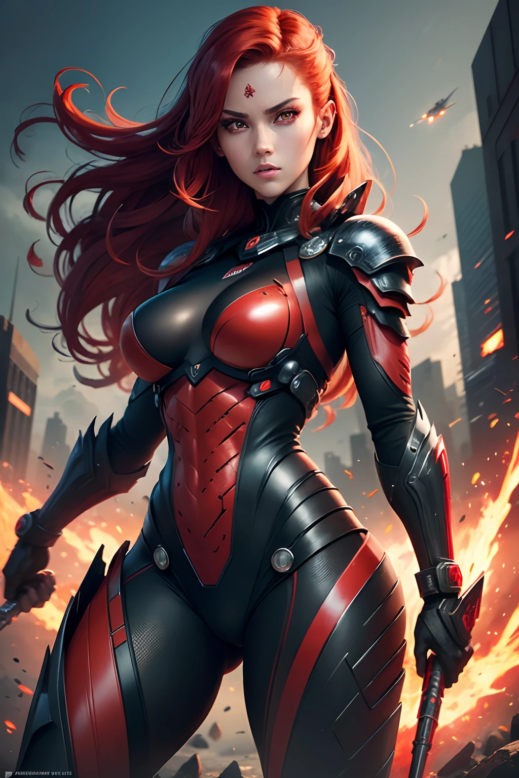 science fiction, (masterpiece, best quality, ultra detailed), red eyes, fierce look, (1female:1.6), dynamic streaks, vibrant colors, technology, manga influence, comic, female with spear, red hair, extreme detailed wallpaper, expressionless