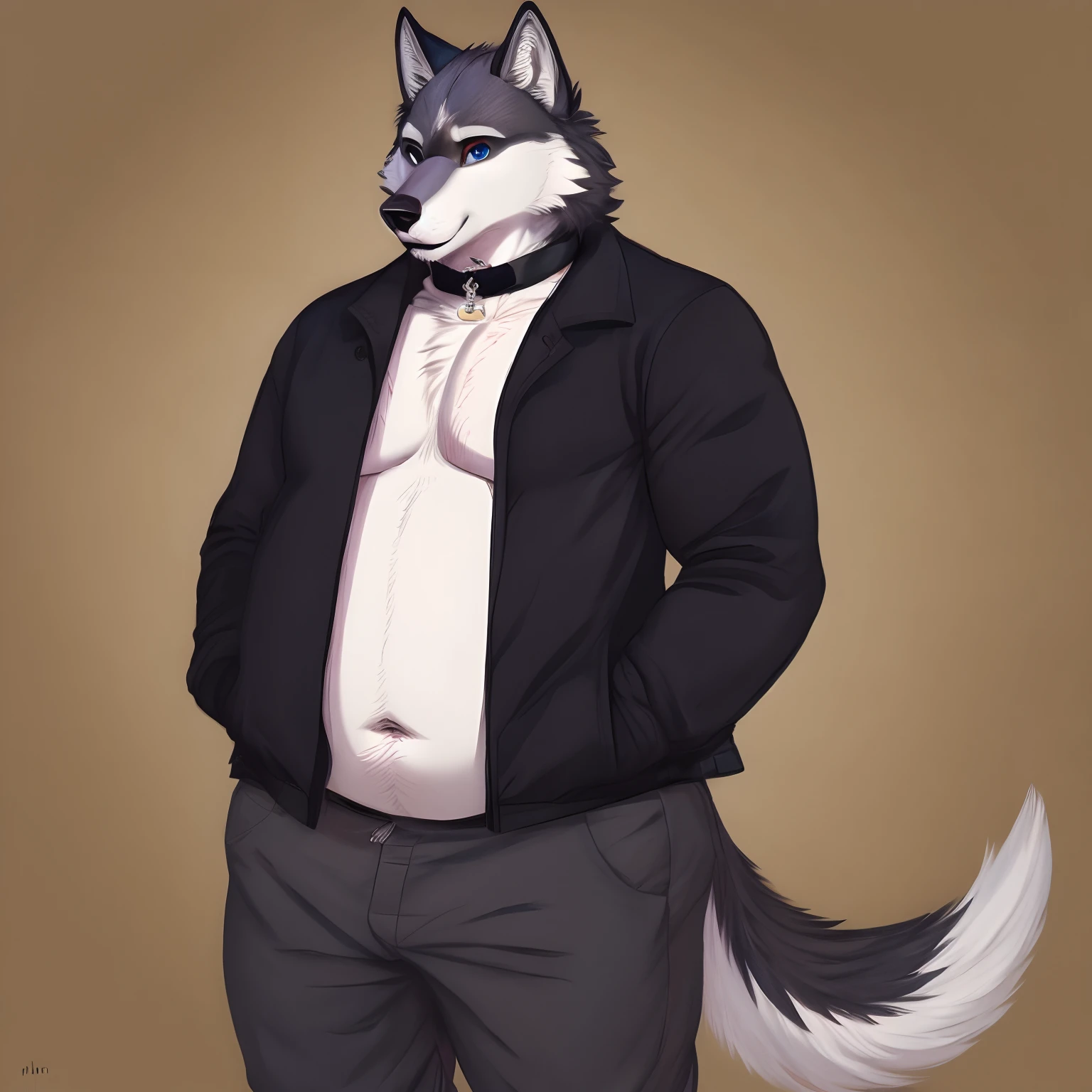 Black, wolf, chubby, gay, dilf, no fur pattern, black jacket, scars, choker