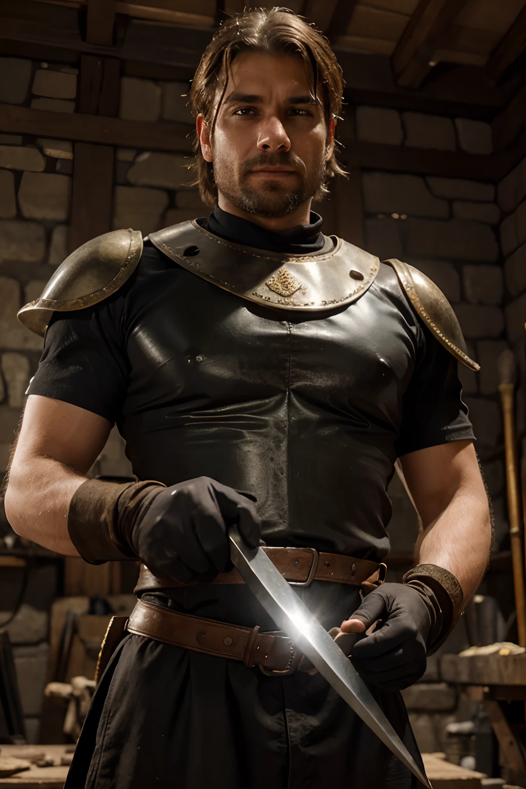 Imagine a medieval-era blacksmith in a position of close inspection. Describe him holding a piece of armor or a newly forged sword, studying it closely for imperfections. Detalhe a postura curvada dele, the serious expression on his face and the thick gloves that protect his hands. Reveal the passion and pride he feels for his craft, conveying the feeling that you are about to create a true work of art.