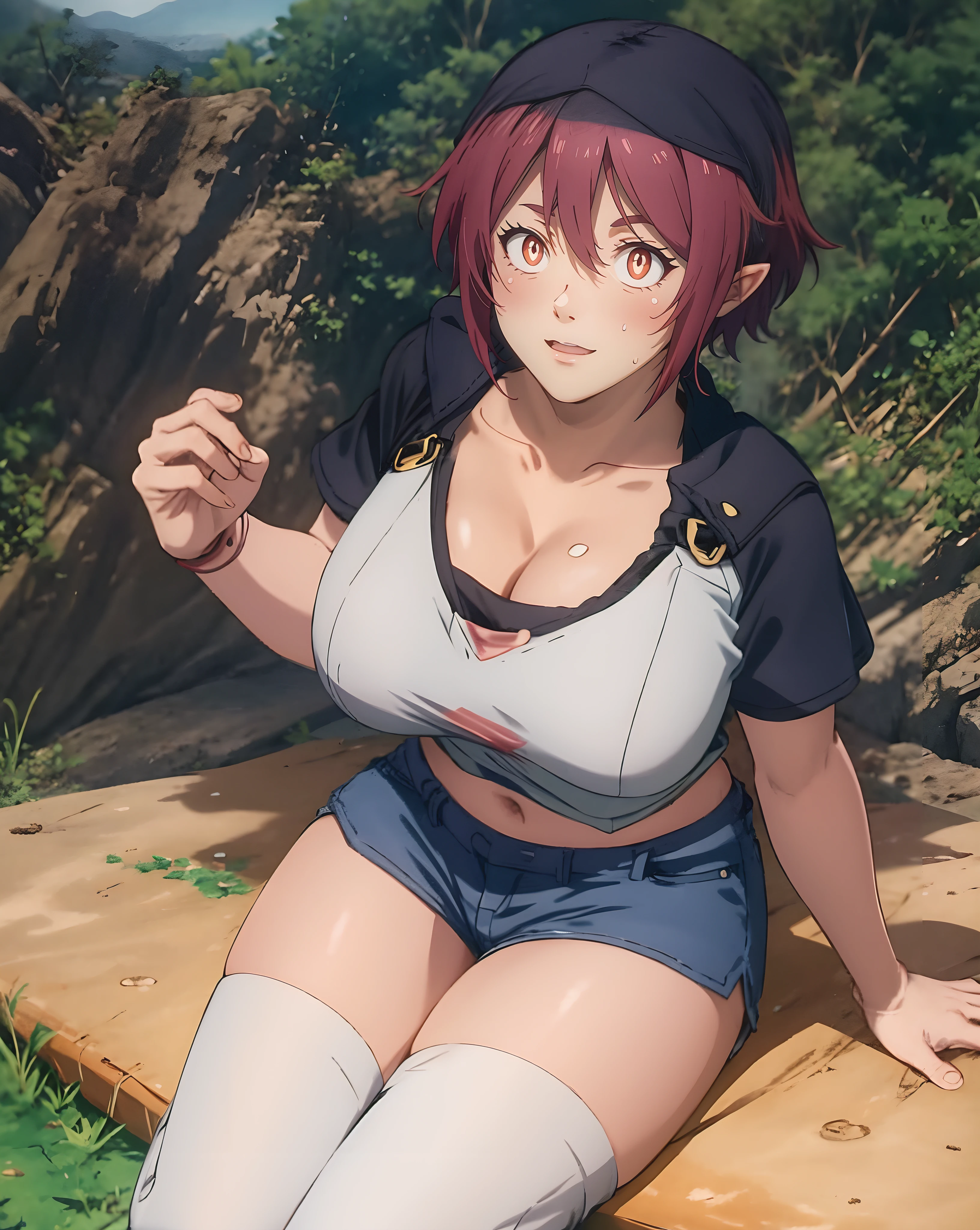 Wolbach from Konosuba, bindi dot, elf ears, (short hair, pink hair:1.6), middle part hair, shorts, breasts, thighhighs, sitting, 1girl, white_legwear, looking_at_viewer, shirt, solo, large_breasts, cleavage, short_sleeves, short_shorts, midriff, denim, collarbone, t-shirt, navel, white_shirt, glow effects, godrays, Hand drawn, render, 8k, octane render, cinema 4d, blender, dark, atmospheric 4k ultra detailed, cinematic, Sharp focus, big depth of field, Masterpiece, colors, 3d octane render, 4k, concept art, trending on artstation, hyperrealistic, Vivid colors, extremely detailed CG unity 8k wallpaper, trending on CGSociety, Intricate, High Detail, dramatic, anime coloring, anime screencap,