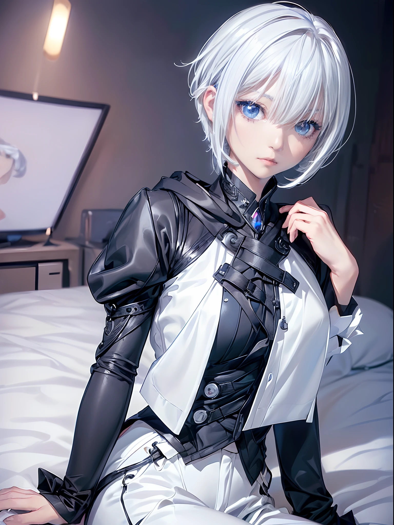 ((4K works))、masterpiece、(top-quality)、One Beautiful Girl、Slim body、tall、((Black Y-shirt and white pants、Charming street style))、Please wear one jacket、Wearing a hood、(Detailed beautiful eyes)、Morning City、((Bedroom))、Fantasy bedroom inhabited by aristocrats、Black bedroom、Video call screen、((Face similar to Carly Rae Jepsen))、((Short-haired white hair))、((Smaller face))、((Neutral face))、((Bright blue eyes))、((American adult women))、((Adult female 26 years old))、((cool lady))、((Like a celebrity))、((Gentle expression))、((Korean Makeup))、((elongated and sharp eyes))、((Happy dating))、((boyish))、((Upper body photography))、Professional Photos、((Shot alone))、((She's on the futon))、((It's like making a video call with your audience))、((Sitting on a futon))、((Shot very close to the face))、((Face Close-up))、((Being hugged by an adult male from behind))