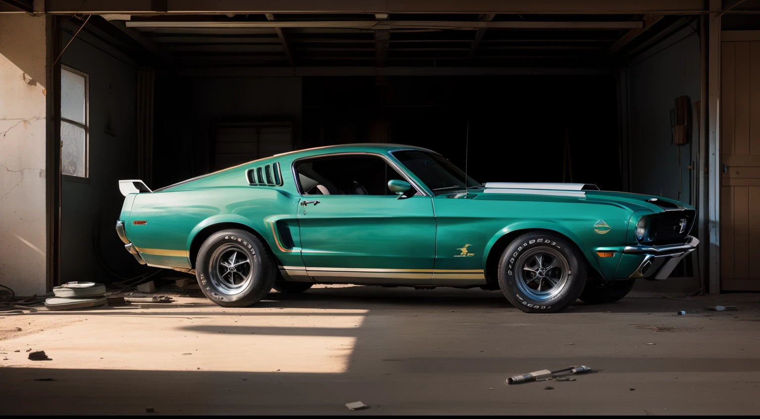 Retro broken Ford Mustang in old garage, warm light, focus object, center position, ultra high resolution
