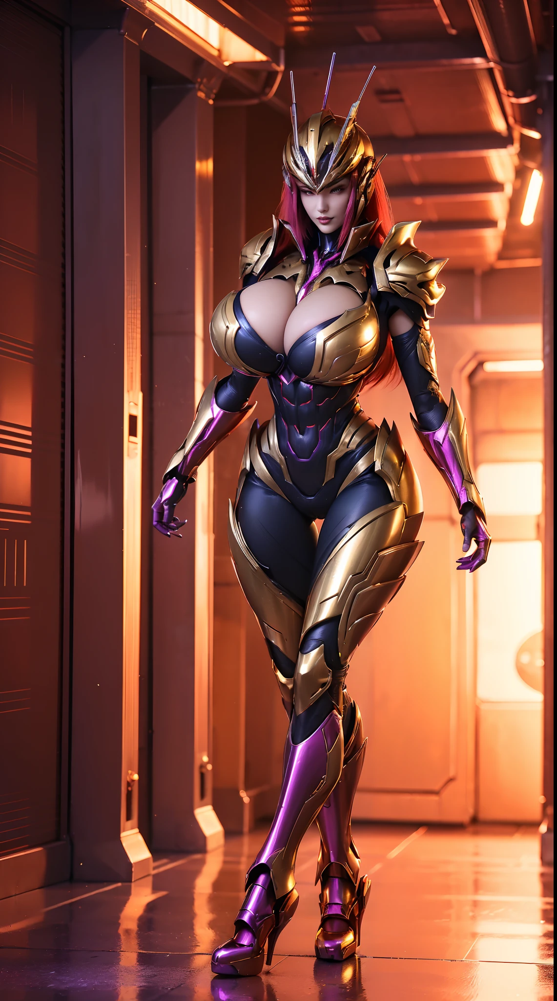 (1GIRL), (ssmile, red_libs, red_hair), (mecha helmet:1.2), (BIG BUTTOCKS, HUGE FAKE BOOBS, CLEAVAGE:1.4), (PHOENIX MECHA GUARD ARM, GLOVES:1.3), (purple, red, gold, MECHA CYBER SHINY ARMORED SUIT, MECHA SKINTIGHT PANTS, GUARD ARMOR LEGS, HIGH HEELS:1.5), (MUSCULAR BODY, SEXY LONG LEGS, FULL BODY:1.5), (MUSCLE ABS:1.2), (LOOKING AT VIEWER:1.2), (WALKING DOWN HALLWAY OF FUTURISTIC SPACE STATION, BRIGHT LIGHTING:1), PHYSICALLY-BASED RENDERING, ULTRA HIGHT DEFINITION, 16K, 1080P.