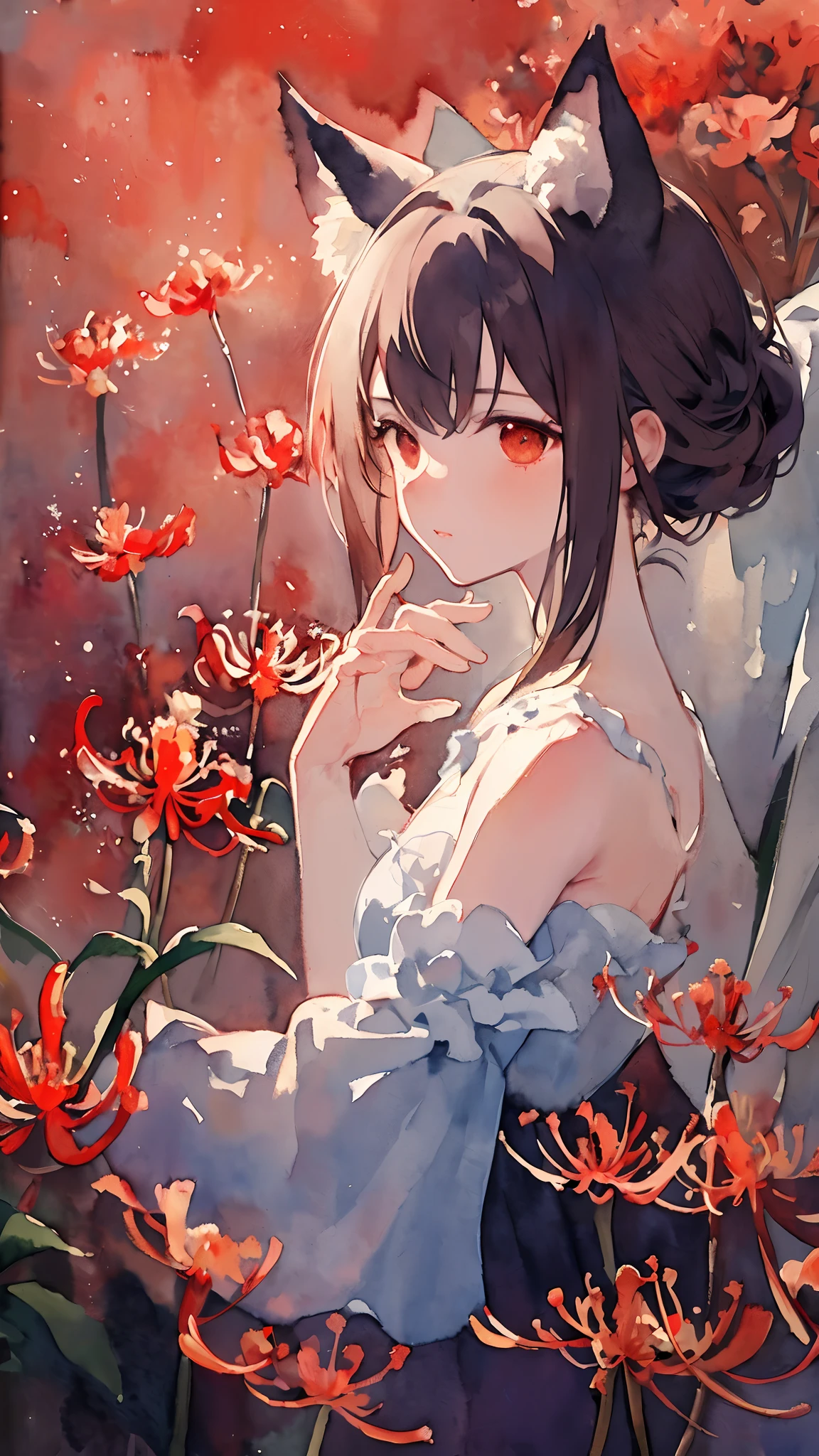 (Best Quality, High resolution, ultra-detailliert: 1.3), (Watercolor painting: 1.3), flower, (Red Spider Lily: 1.3), With a touch of absurd, Break in the impressionist style: 1.4), Gentle brush strokes, Fleeting light, Intriguing atmosphere, Breaks in soft colors, Depth of atmosphere, Hazy edges, Visual poetry: 1.8), She has cat ears