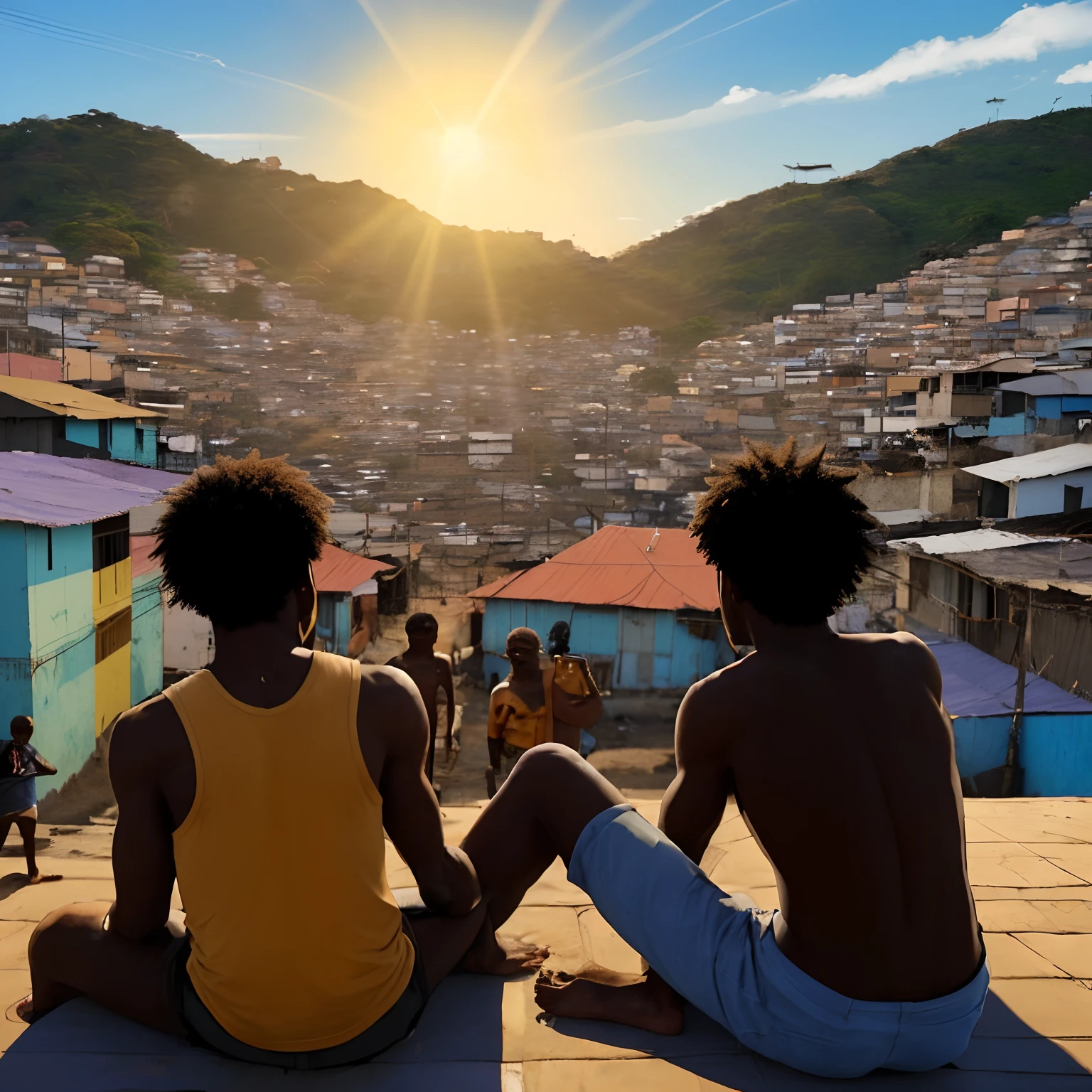 dois jovens negros, um com camisa e outro sem, sentados no alto de uma favela, olhando um horizonte, pessoas na rua, um jovem era escravo no passado, Is shirtless