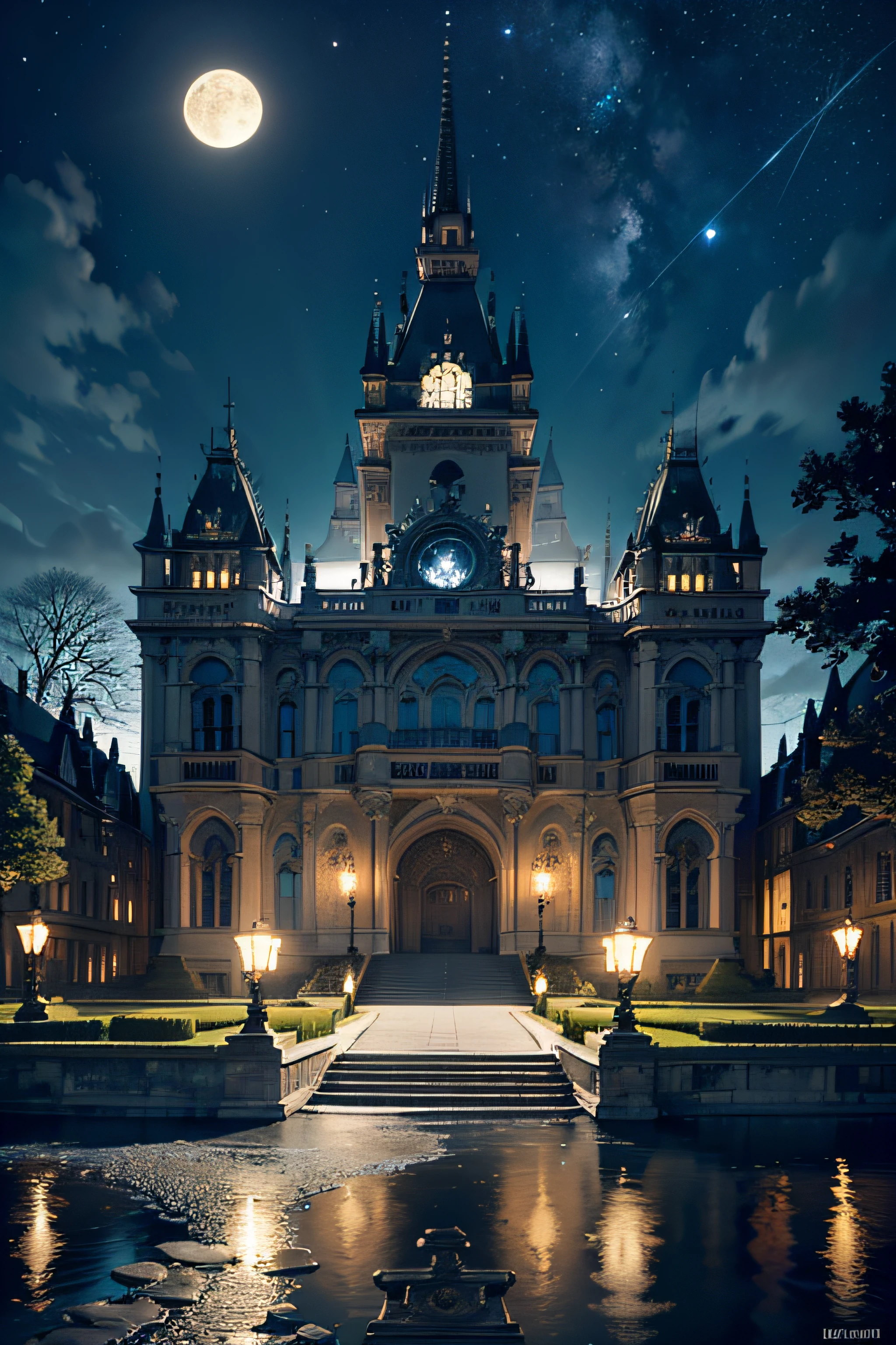 stunningly detailed beauty illustration, grace angle, majestic neo baroque architecture majestic castle, alternative darkest fantasy of a hazy moonlit night, awe various stars sky, stone block road, lots neuron flower, river with waterfall and tree, beautiful detail glow, high contrast, digital coloring, (intricate detail texture:1.3), (intricate insane details:1.2), neo baroque style, glowing cat eyes, (ultra real). true masterpiece, sharp render,