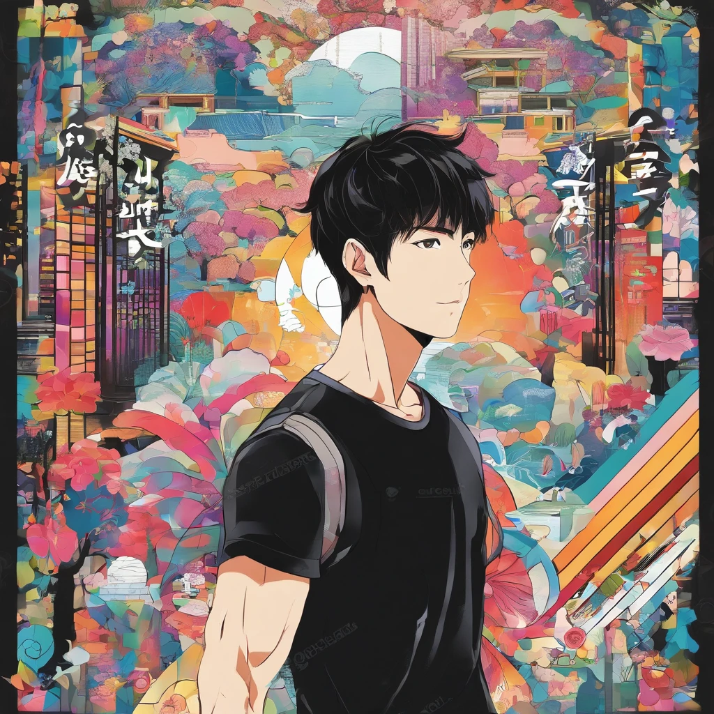 Attractive 30-year-old Japan, Boasting a very well-fitting build. He has short black hair and a shaved beard. Wearing a black short-sleeved T-shirt and black skinny pants.