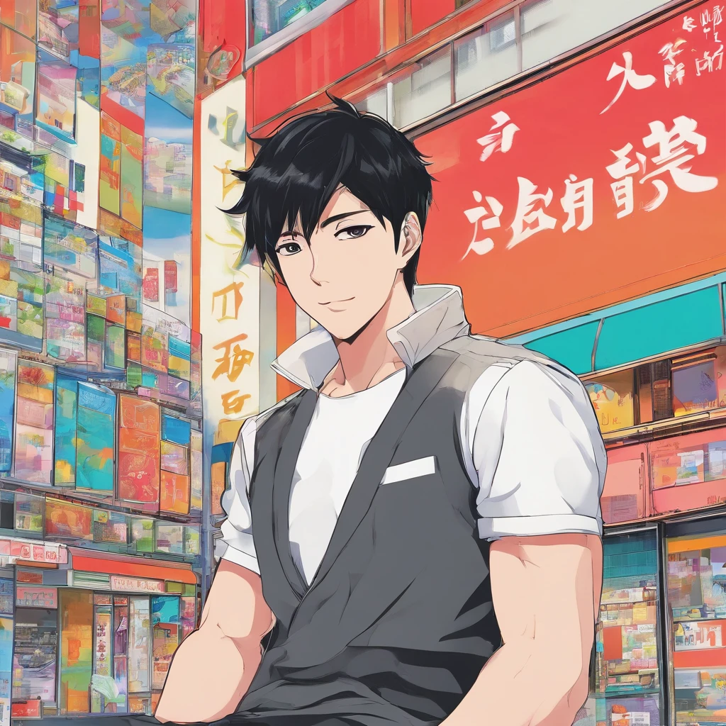 Attractive 30-year-old Japan, Boasting a very well-fitting build. He has short black hair and a shaved beard. Wearing a black short-sleeved T-shirt and black skinny pants.