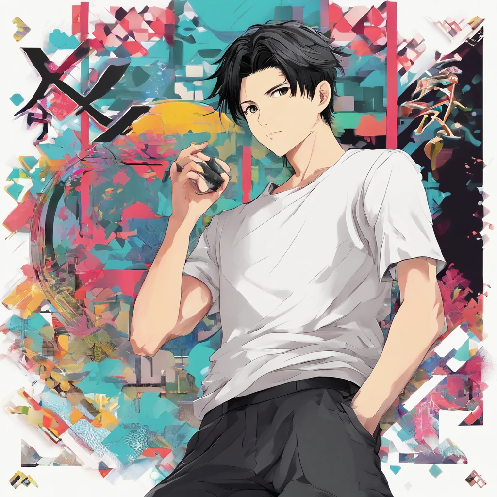 Attractive 30-year-old Japan, Boasting a very well-fitting build. He has short black hair and a shaved beard. Wearing a black short-sleeved T-shirt and black skinny pants.
