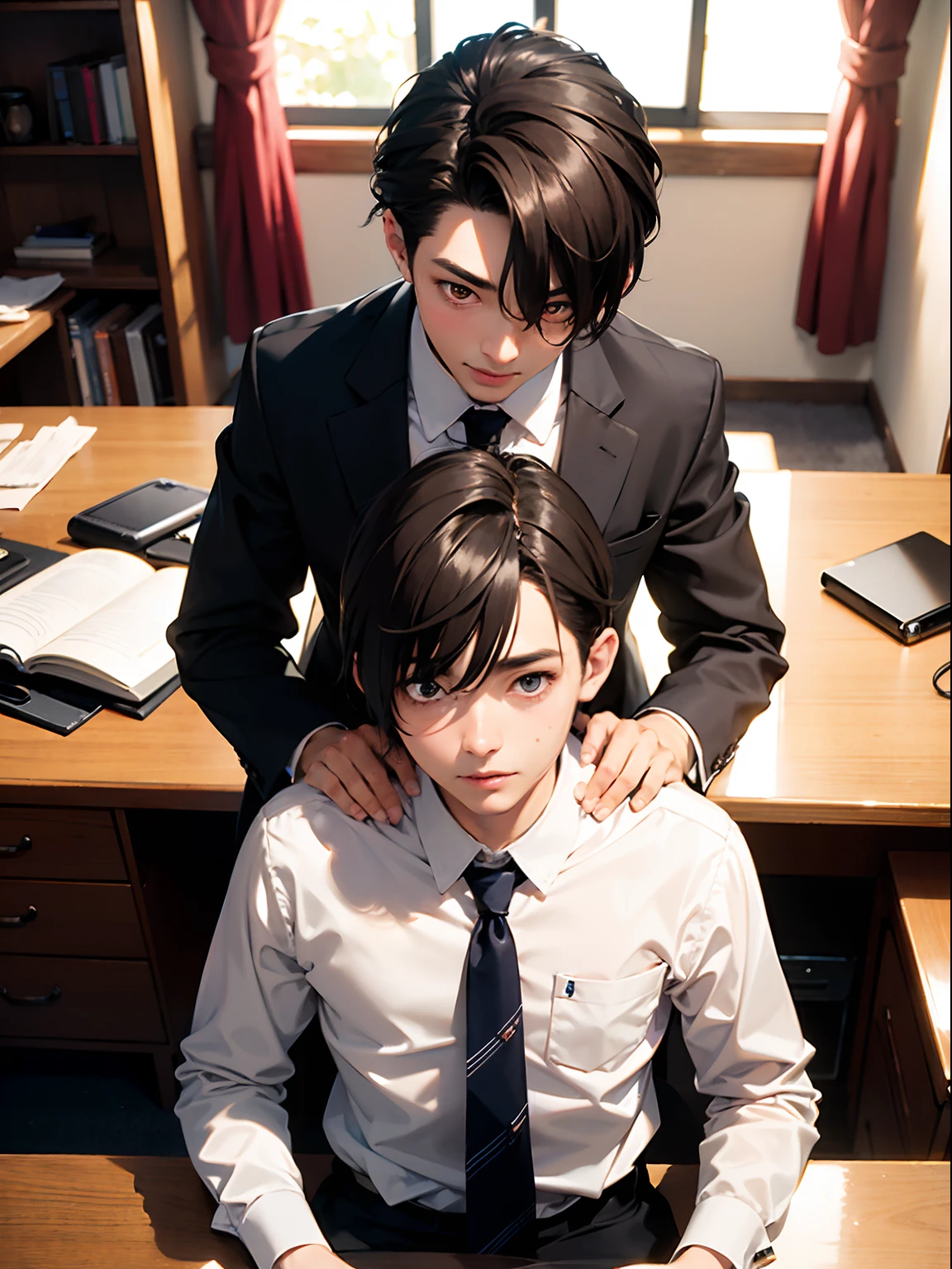 2boys,11 only、(Man's :2),(bobhair:1.5)、A dark-haired、Brown hair、Undress、chum、Brightly colored ties、Cluttered rooms、Twilight,Natural lighting、hightquality、masutepiece,8K,hight resolution、NSFW,