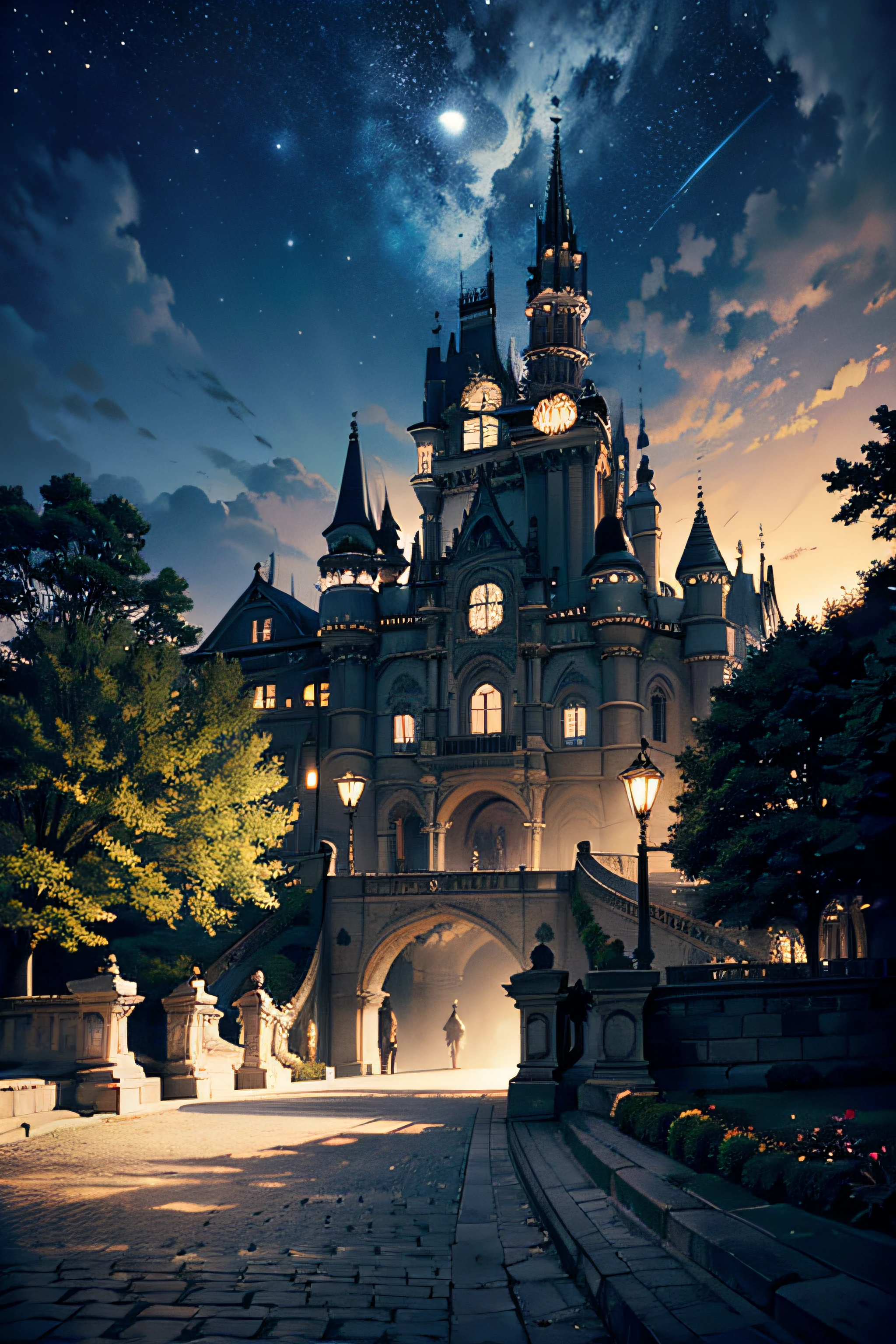 Develop a flyer background that transports viewers to a magical world. Visualize um castelo imponente em destaque, cercado por um lago tranquilo. Saindo da entrada do castelo, A corridor of red roses creates a stunning path that extends as far as the eye can reach. Na atmosfera noturna, A full moon illuminates the whole scenery, filling it with mystery and charm.