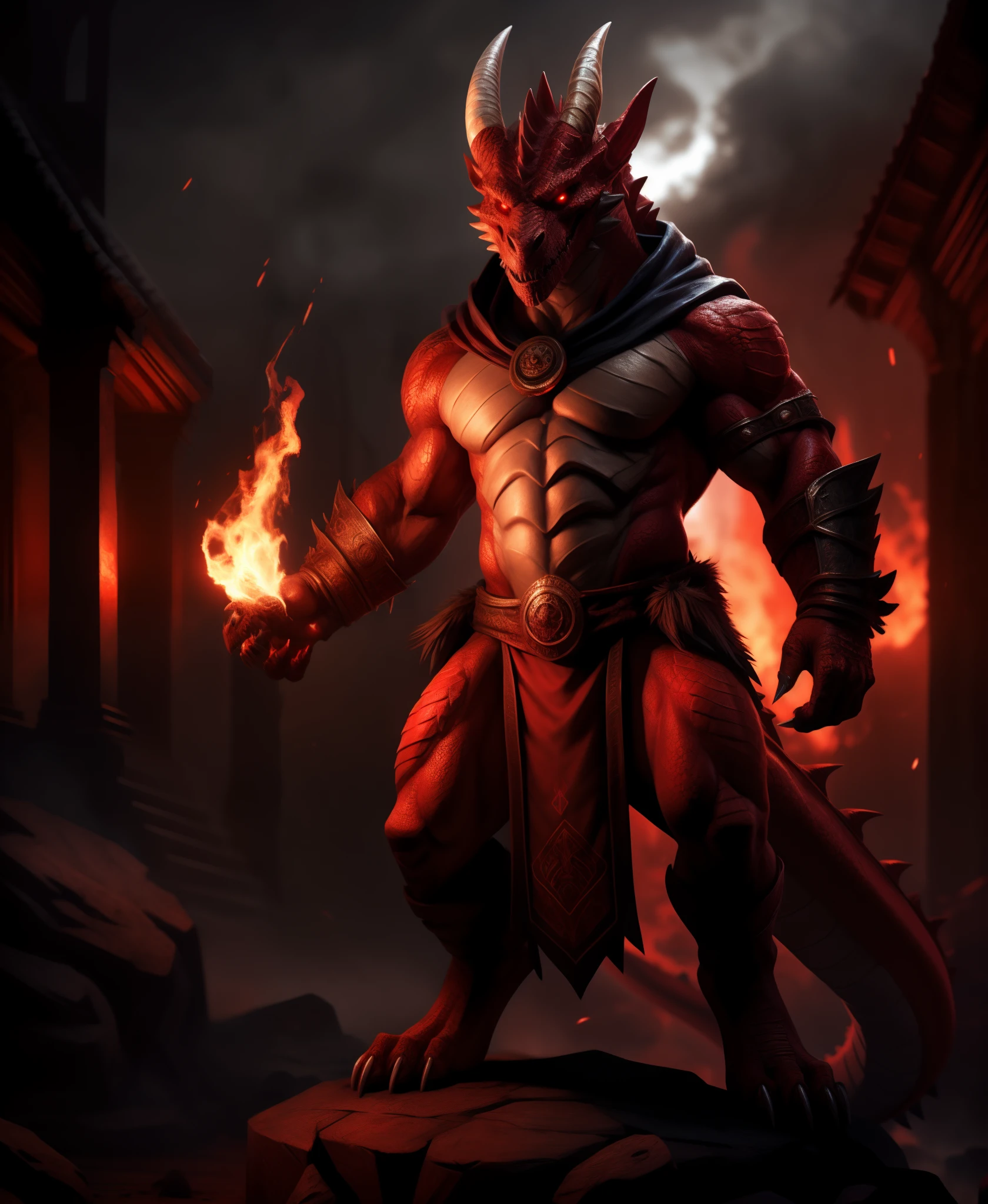 masterpiece, best quality, hi res, furry, anthro, (dragon), red body, red eyes, horns, tail, horror core, red theme, dark, (bones), blood, fire, (skulls), glowing eyes, solo, 1 boy, masterpiece, best quality, extremely detailed, expressive, epic setting, very detailed, darkness, photography, hyper realistic, moody, intricate detail, depth of field, bokeh, muscular, digitigrade, wingless, loincloth, 1 tail, cult, by Pino Daeni, canyne khai, milkytiger1145, dagasi