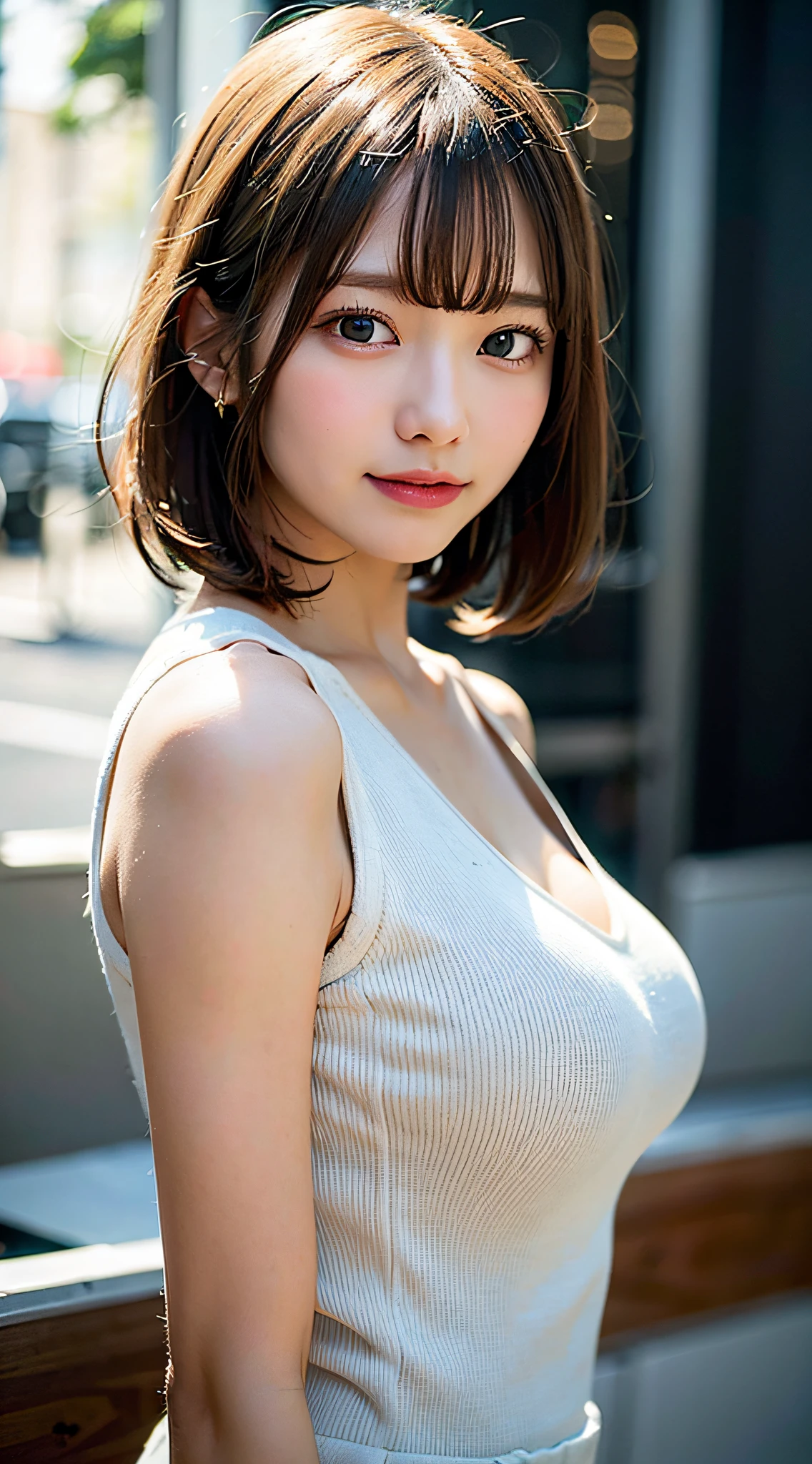 Beautiful Japan adult woman、((best qualtiy, 8K, tmasterpiece:1.3))、((realisitic:1.5))、((sense of reality:1.5))、Perfect litthing、Perfect figure beautiful woman:1.4、((Layered Hair Style、ample breasts:1.3))、(Light yellow-green long shirt:1.2)、(Street:1.2)、Highly detailed facial and skin texture、glowy skin、A detailed eye、二重まぶた、(The front of the shirt is open:1.1)、(breast cleavage exposed:1.1)、(small areolas、small and beatiful :1.3)、see the beholder、Upshot