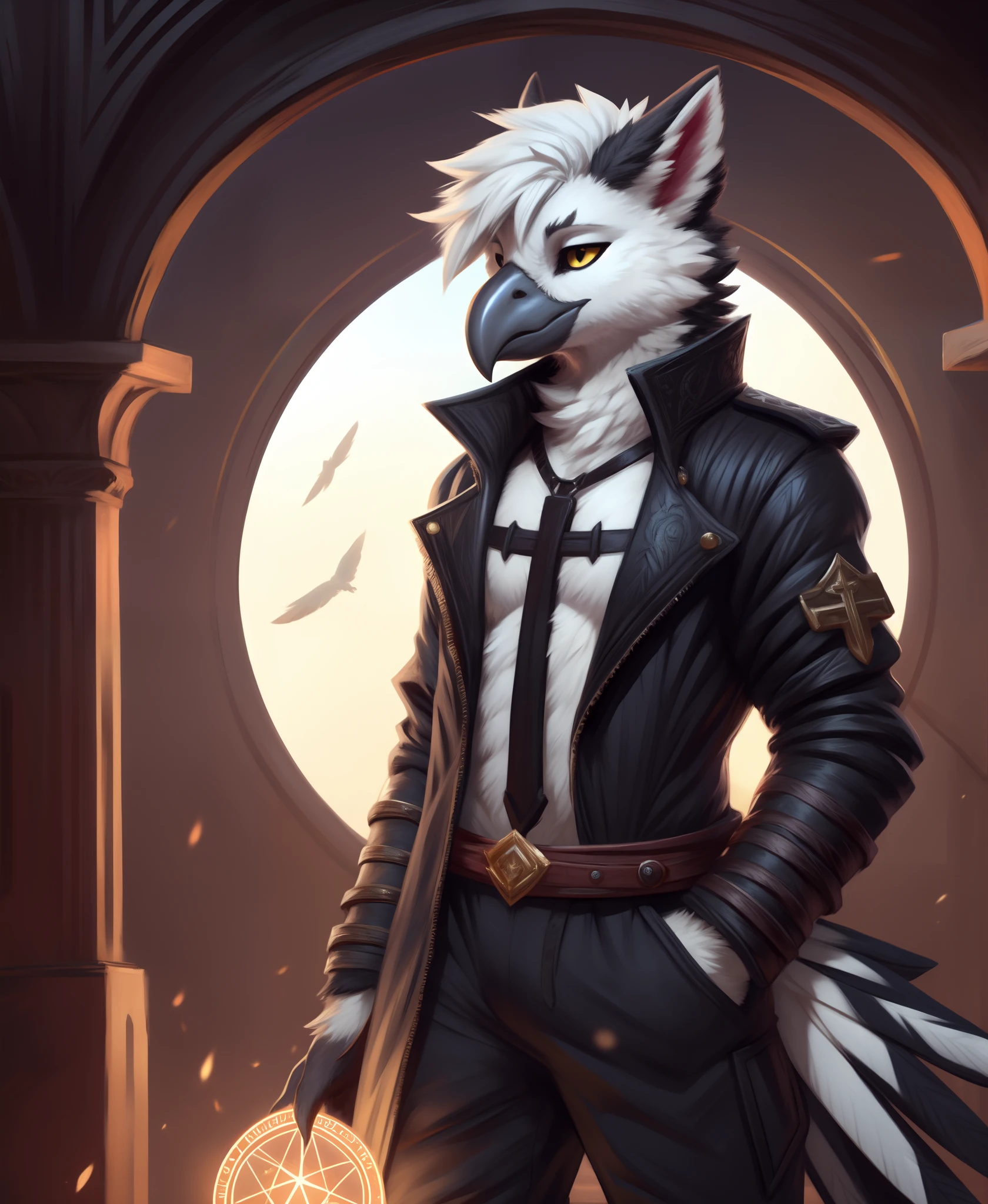 magic circle, (by zackary911, by jarnqk, (by waspsalad:1.2)), Anthro, Avian, Bird, Beak,Emo, (twink), Final Fantasy Clothing, Pants, Black Jacket, Paws, Yellow Eyes, (Black Gray and White fur:1.2), White Hair, Black Highlights in hair, (Small Cross Tattoo Under Right Eye:1.1), Detailed Fur, (Tail Feathers:1.3), Perfect Anatomy