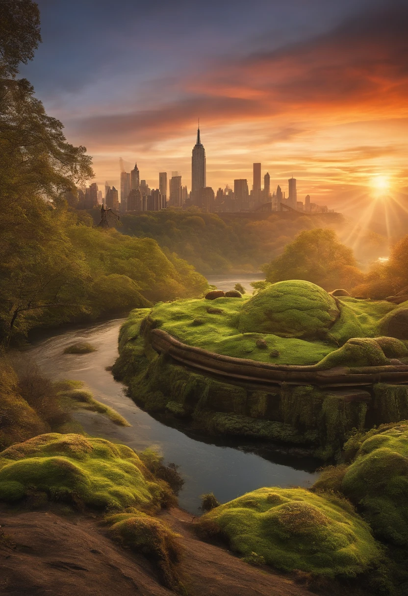 Landscape, steampunk, sunrise, aliens, new york, alien dragons, giant planet, mossy