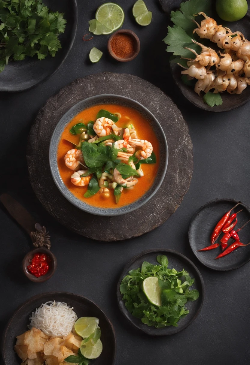 (bestquality:1.2, masterpice:1.2), vibrant, Realistic, Amazing and dark 8K photos:1.37, Thai Food, Tom Yum Kung, Natural backdrop